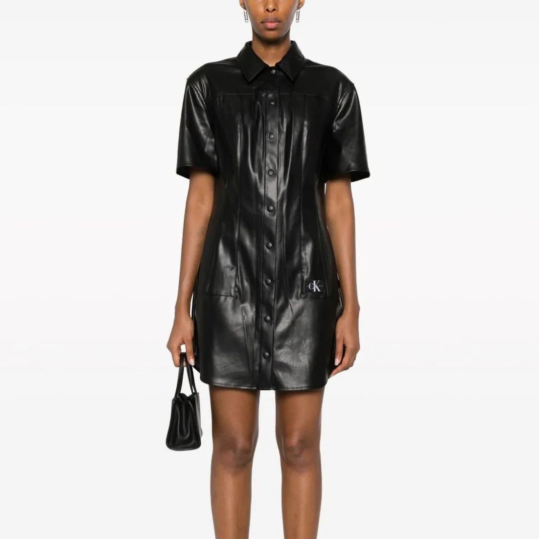 CALVIN KLEIN JEANS Midi suknelė moterims, Juoda, Faux leather short sleeve dres 2