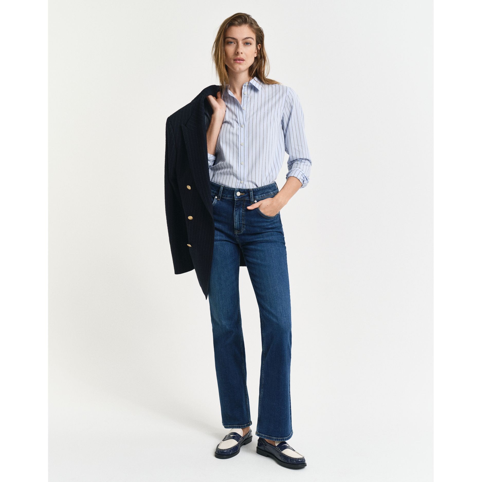 GANT Platėjantys džinsai moterims, Mėlyna, Slim flare jeans 2