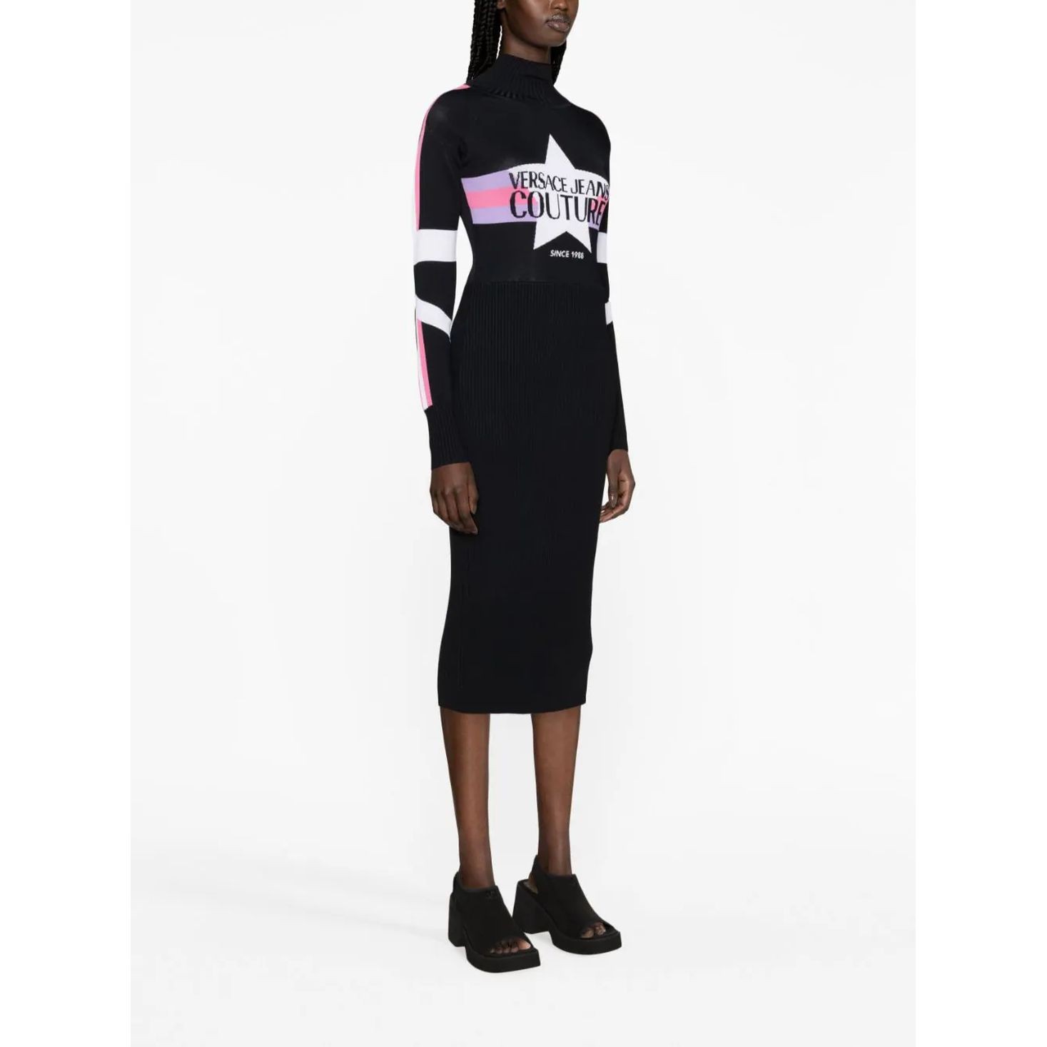 VERSACE JEANS CUTURE Midi suknelė moterims, Juoda, Logo star dress 4