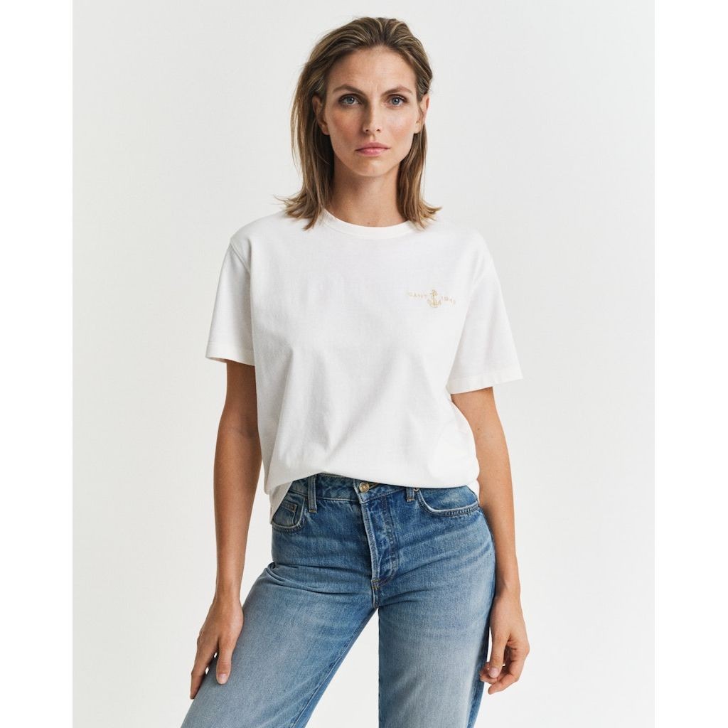 GANT Marškinėliai trump. rankovėmis moterims, Balta, Embroidered anchor SS t-shirt 2