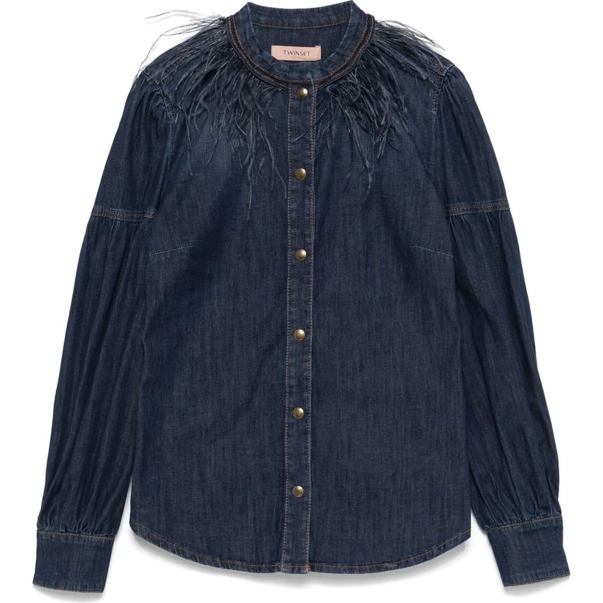 TWINSET Marškiniai ilgomis rankovėmis moterims, Mėlyna, Denim shirt with feathers