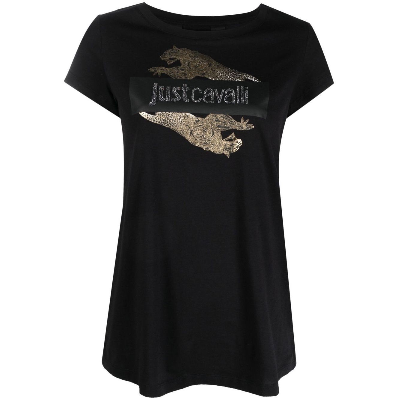 JUST CAVALLI Marškinėliai trump. rankovėmis moterims, Juoda, Leopard crystal t-shirt