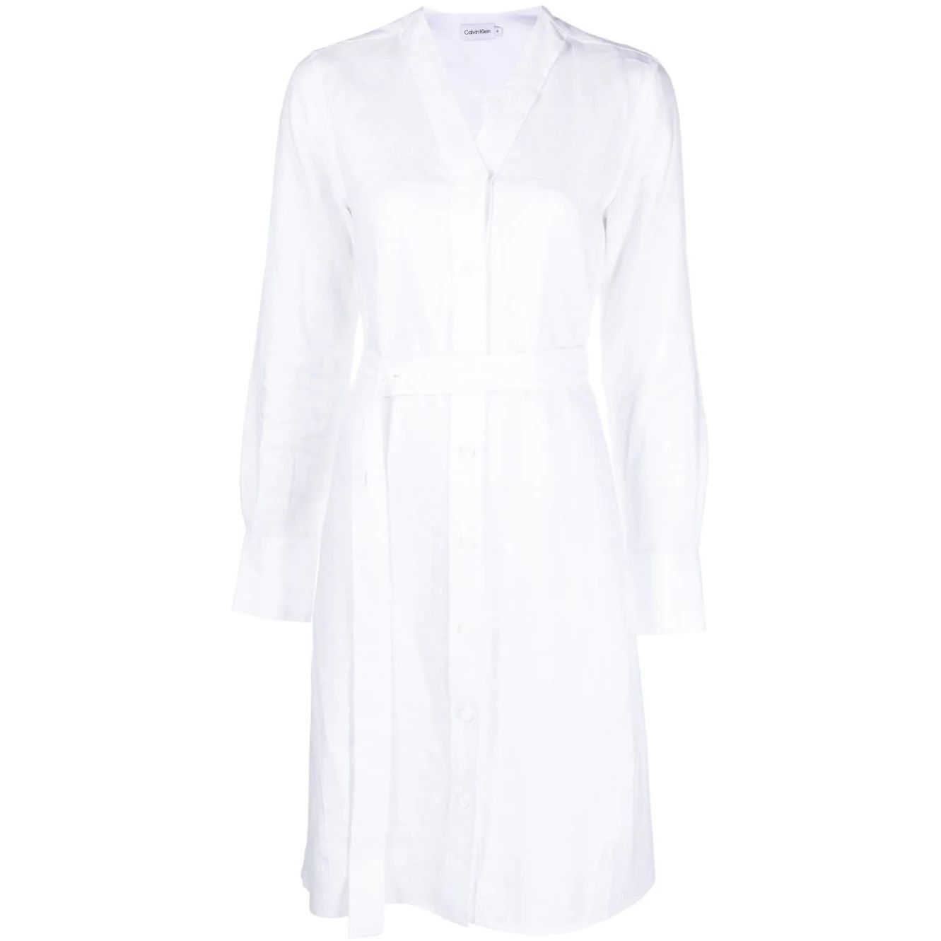 CALVIN KLEIN Midi suknelė moterims, Balta, Linen collarless midi dress 1