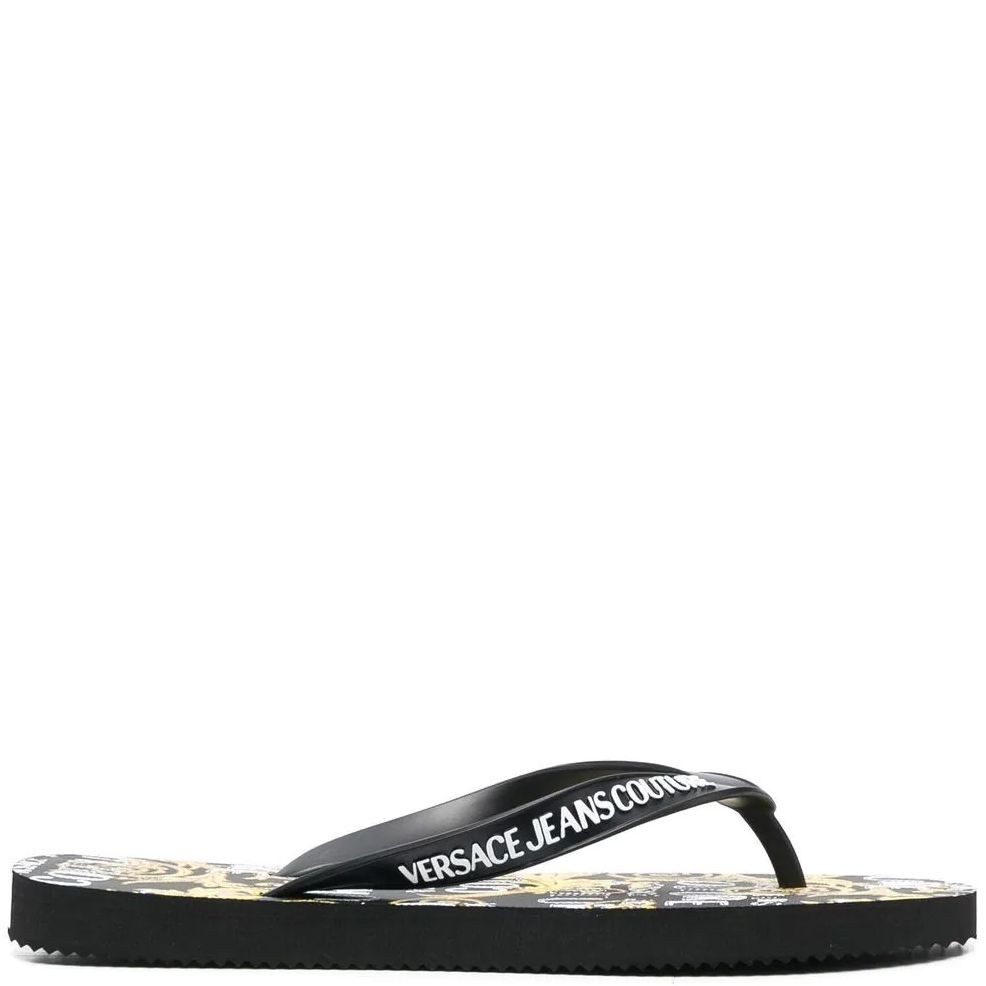 VERSACE JEANS CUTURE Pliažo šlepetės per pirštą moterims, BLACK/GOLD, Fondo flip-flops 2