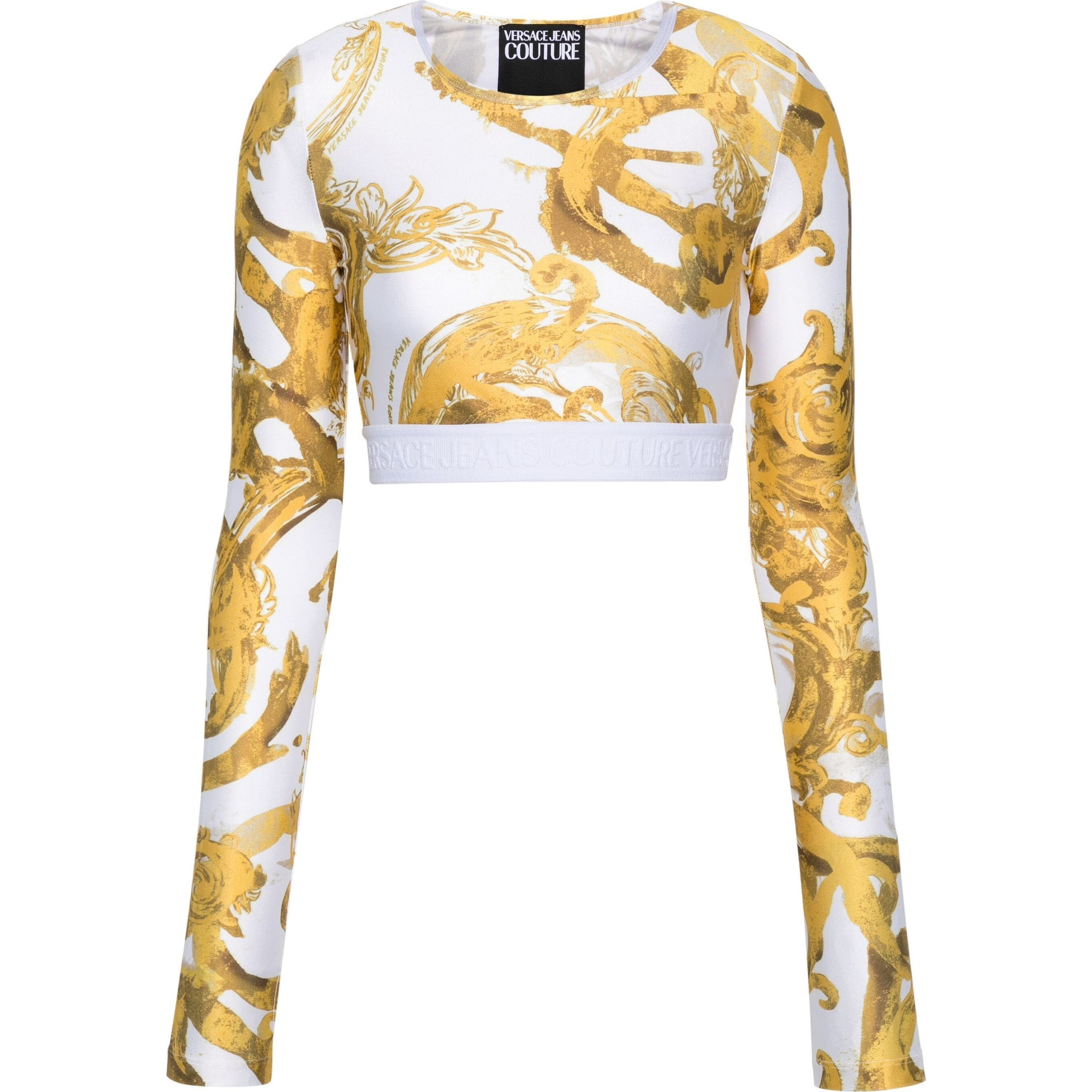VERSACE JEANS CUTURE Trumpinti marškinėliai moterims, Balta, Baroque-print cropped top