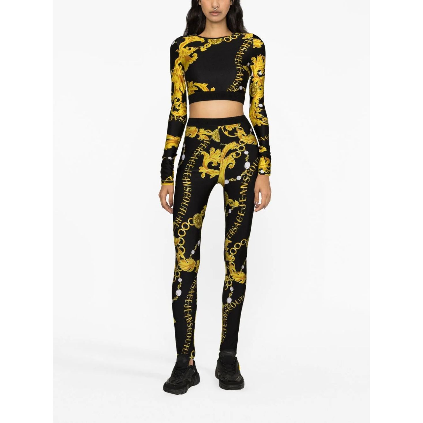 VERSACE JEANS CUTURE Palaidinės moterims, Juoda, Print chain top 2