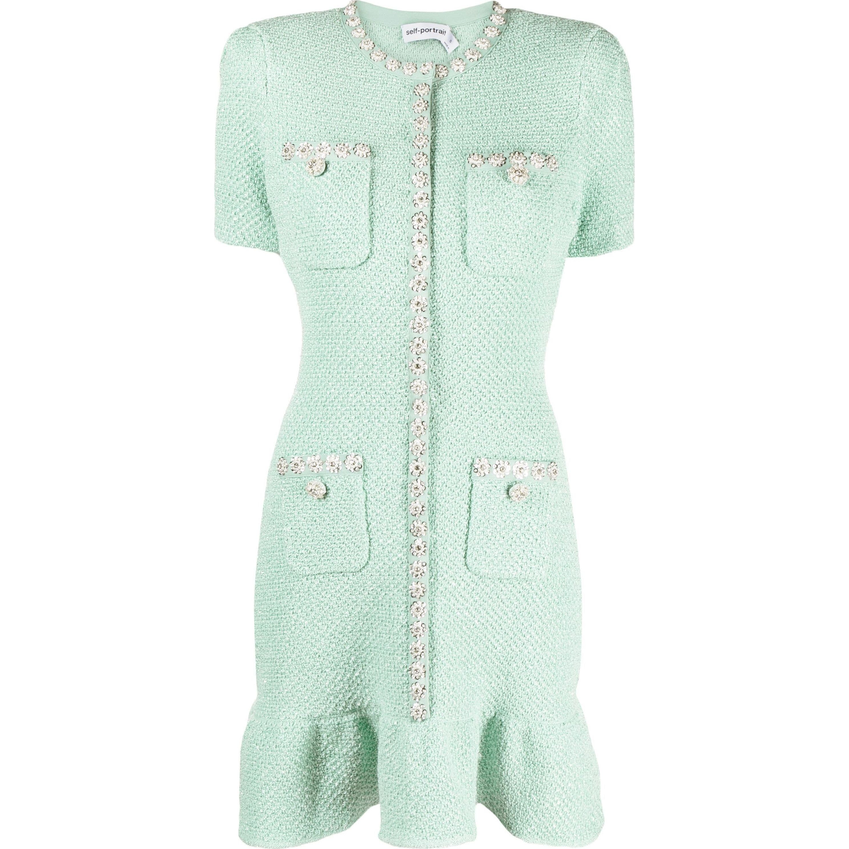 SELF PORTRAIT Mini suknelė moterims, Mėlyna, Mint sequin knit mini dress