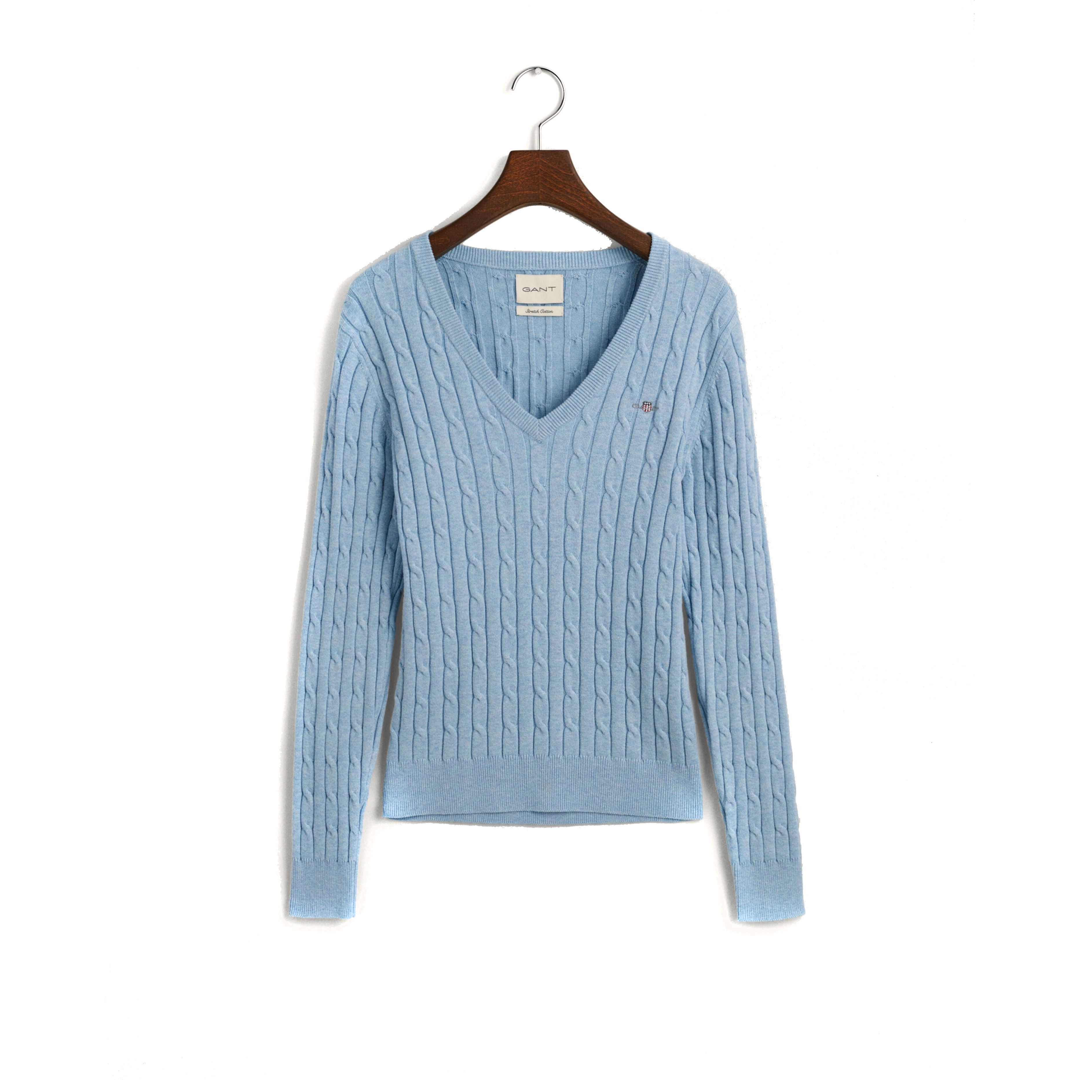 GANT Megztinis moterims, Mėlyna, STRETCH COTTON CABLE V-NECK