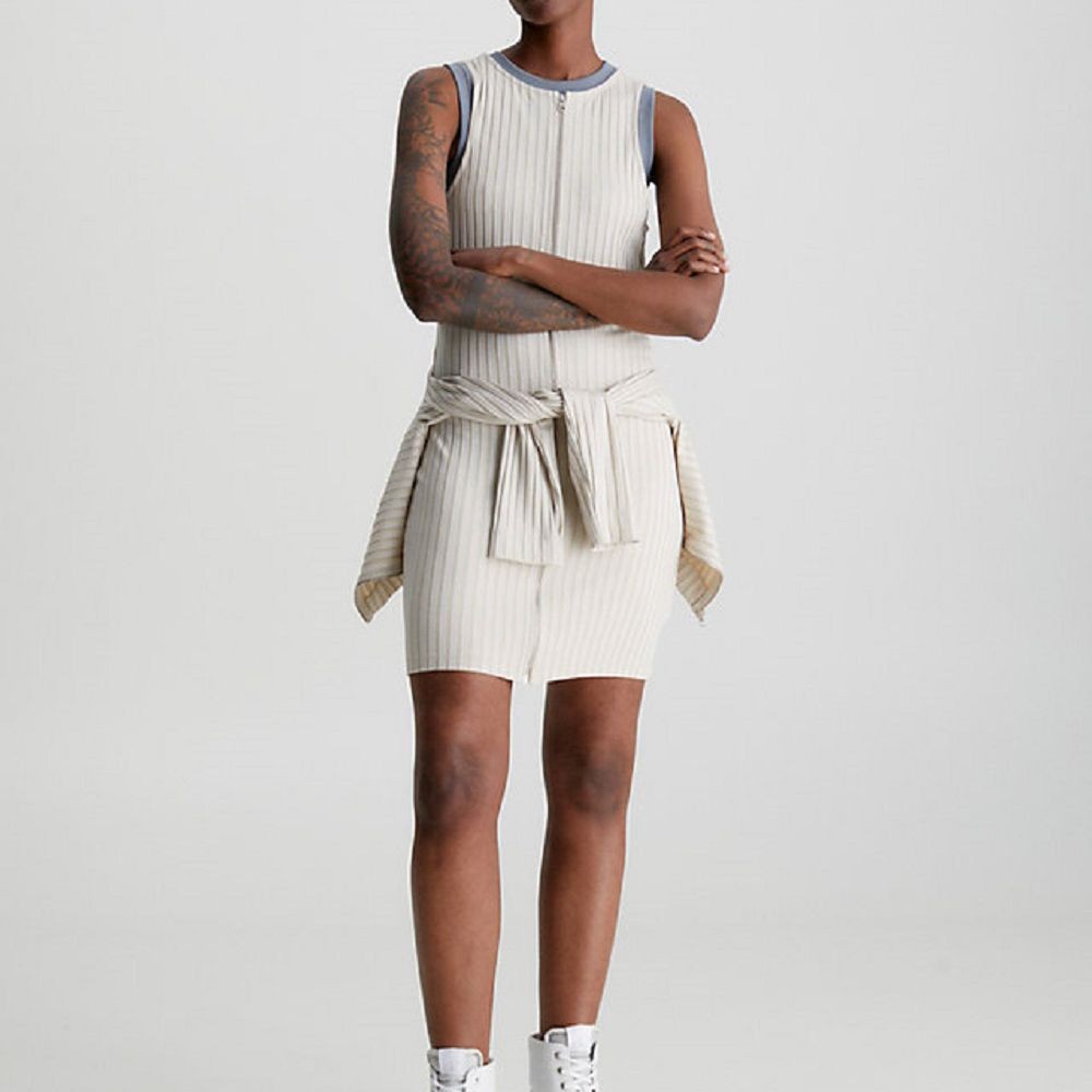 CALVIN KLEIN JEANS Midi suknelė moterims, Smėlio, Zipper elongated rib dress 2
