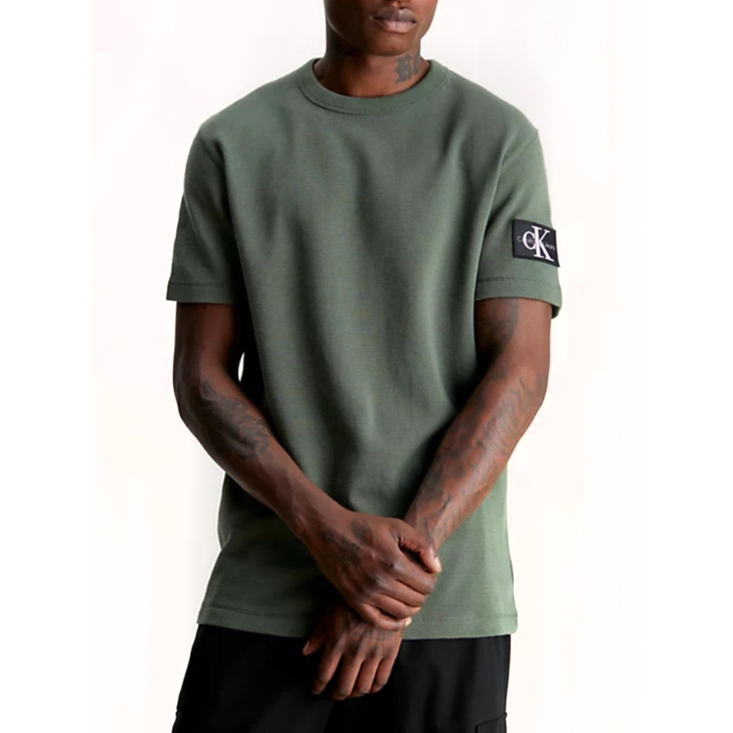 CALVIN KLEIN JEANS Marškinėliai trump. rankovėmis vyrams, Žalia, Badge waffle tee 2