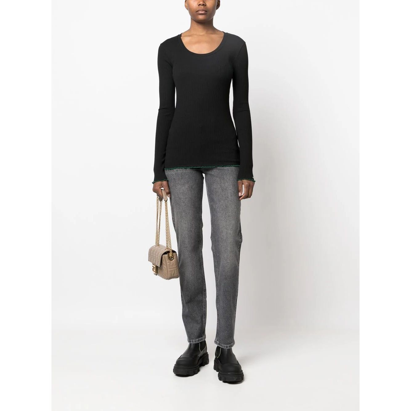 TOMMY HILFIGER Megztinis moterims, Juoda, Slim frill rib scoop-neck swea 2