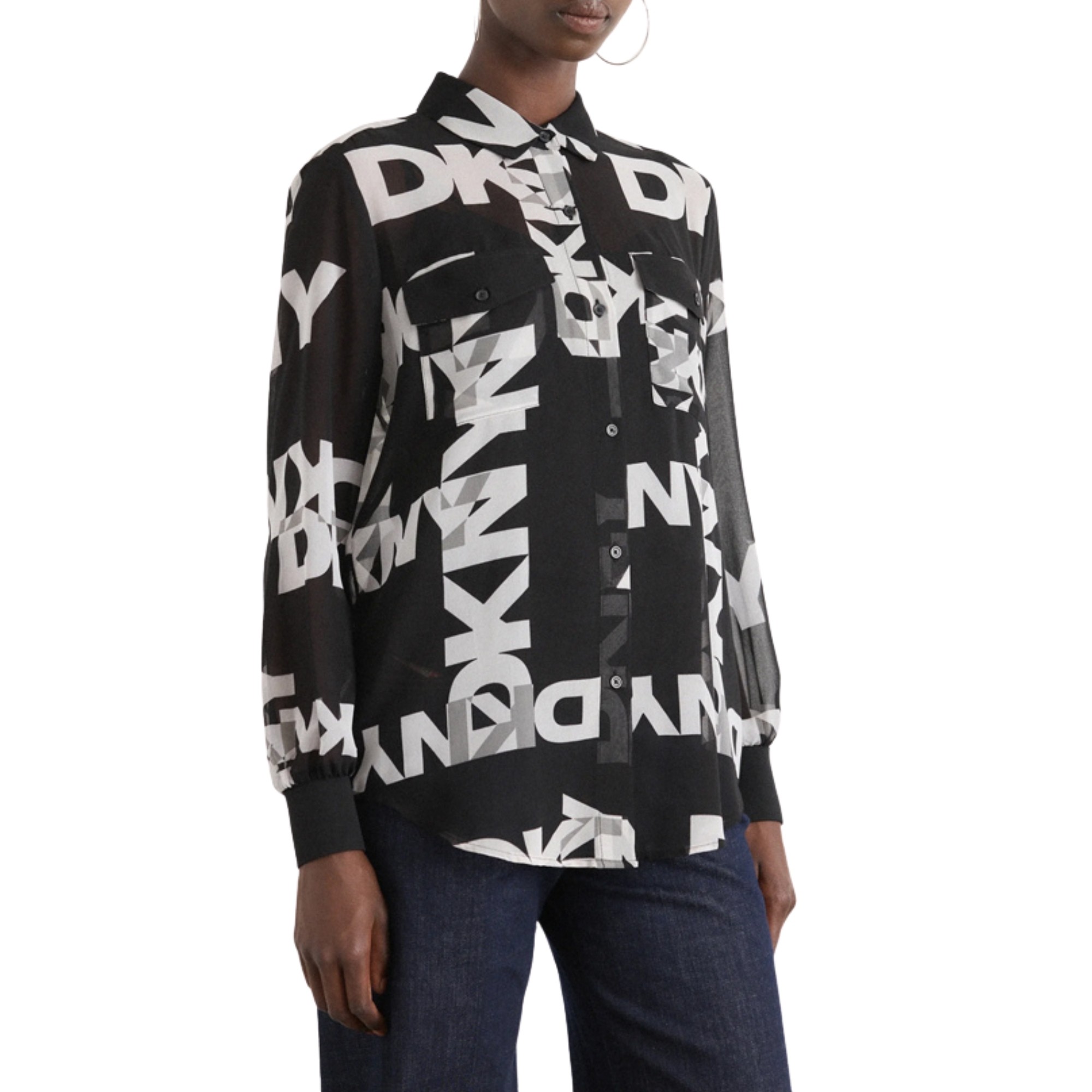 DKNY Marškiniai ilgomis rankovėmis moterims, Juoda, L/s bttn dwn chffon