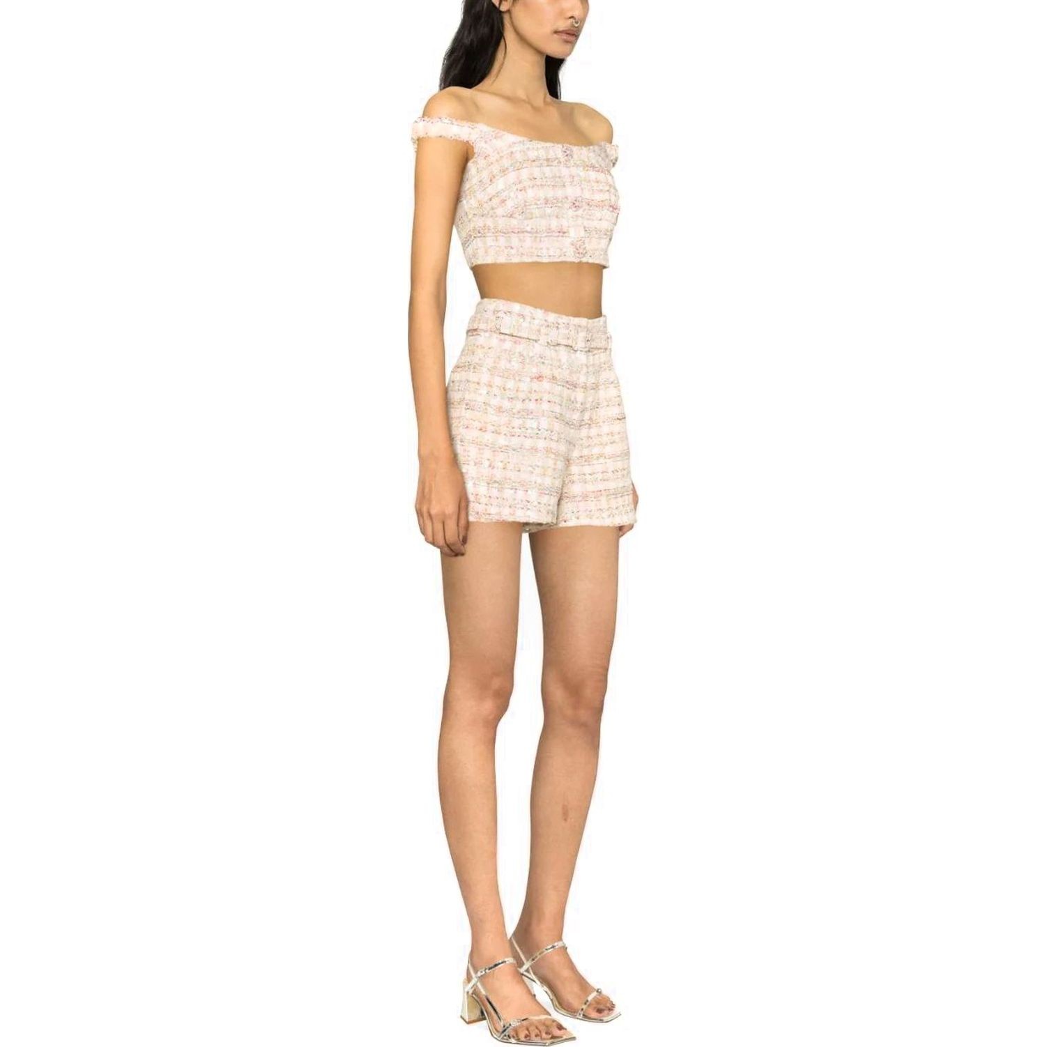 SELF PORTRAIT Šortai moterims, Rožinė, Pink sequin boucle shorts 4