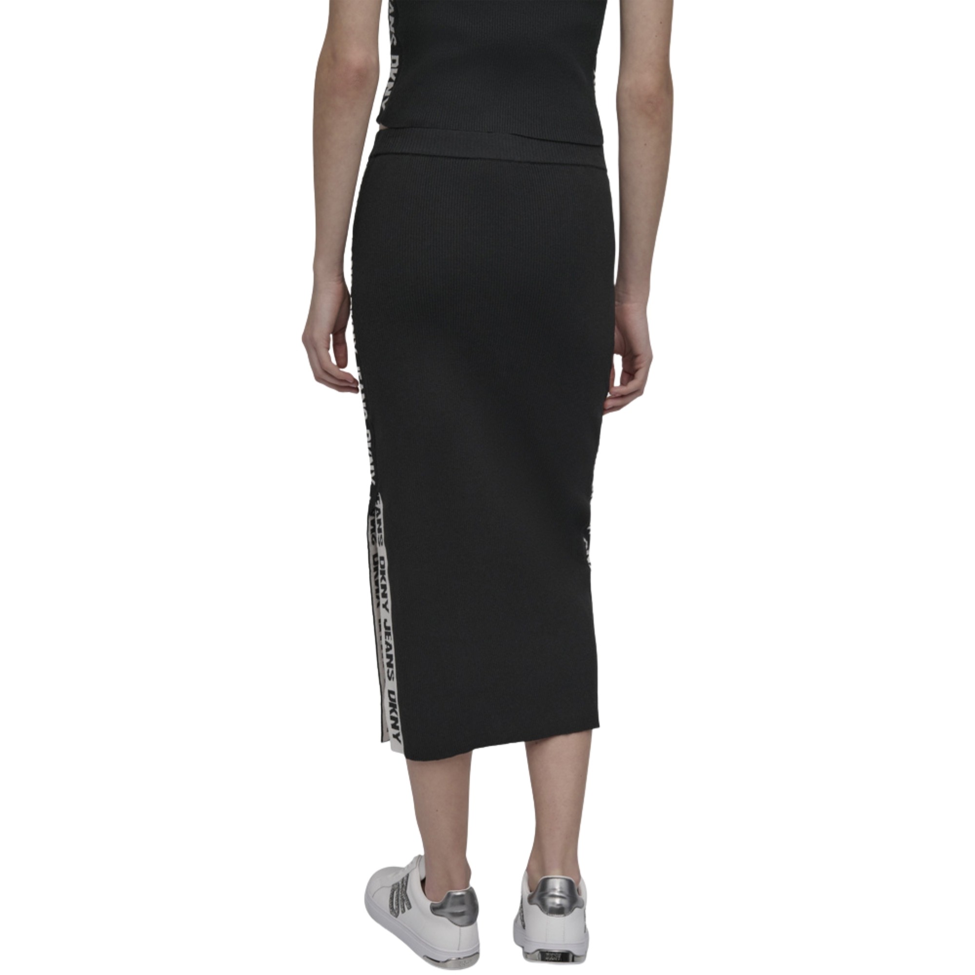 DKNY Midi sijonas moterims, Juoda, Side logo rib midi skirt 3