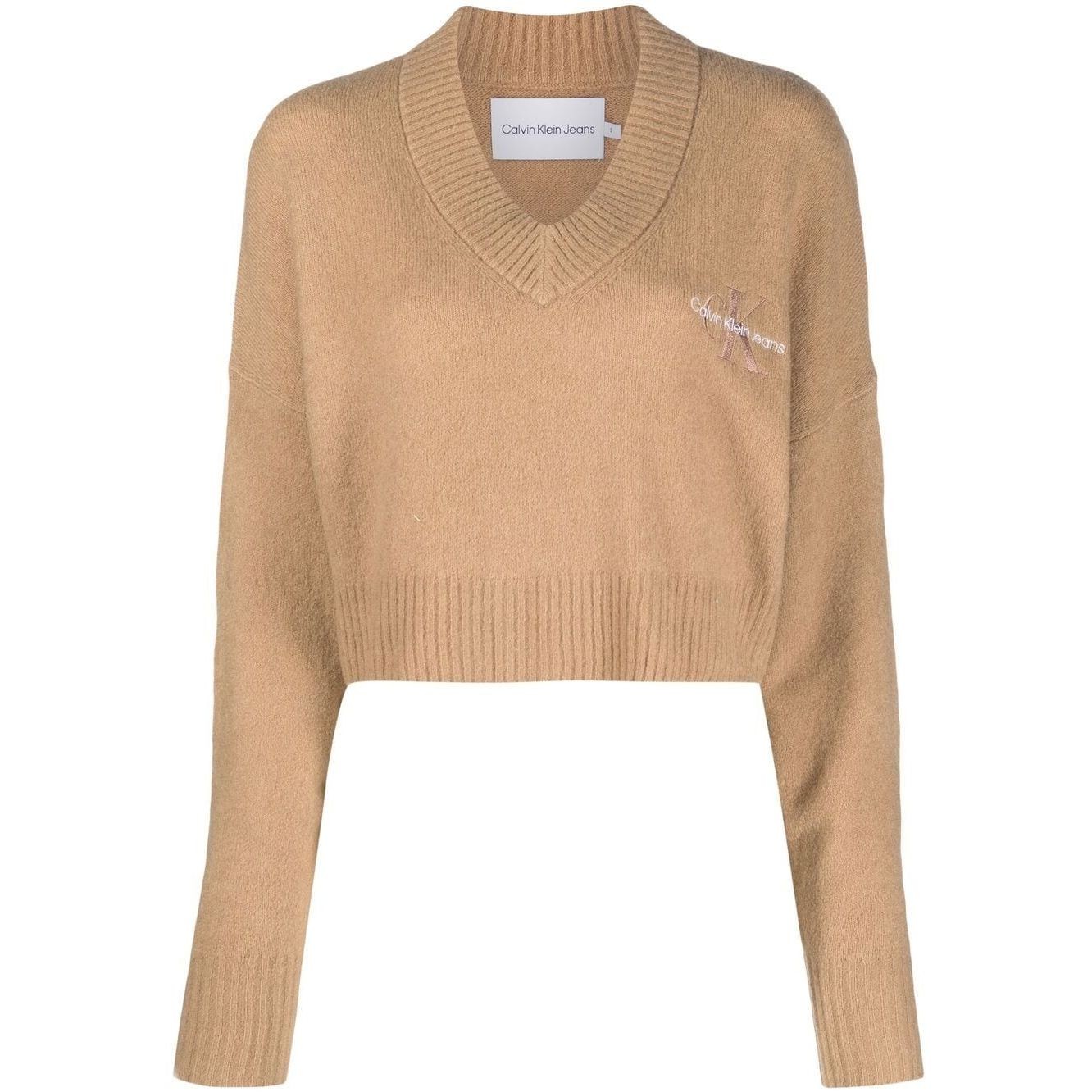CALVIN KLEIN JEANS Megztinis moterims, Smėlio, Cropped v-neck sweater 1
