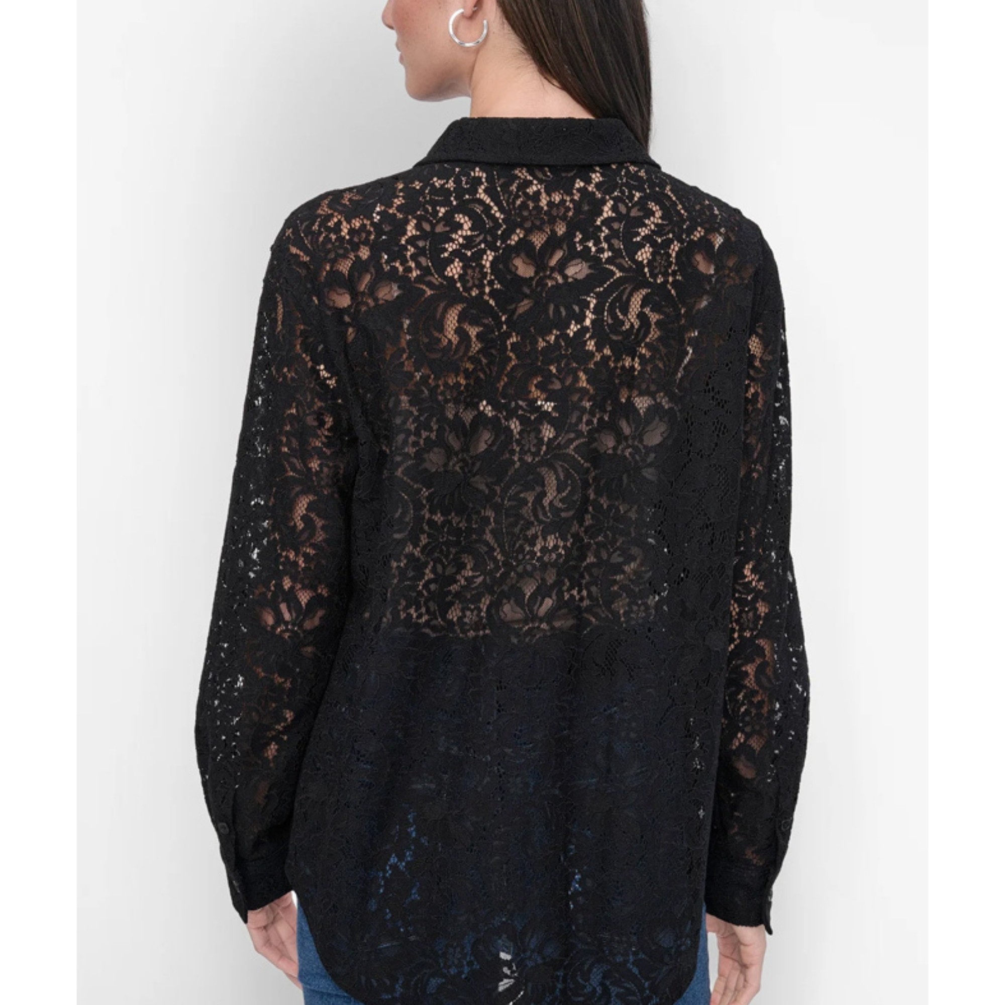 DKNY Marškiniai ilgomis rankovėmis moterims, Juoda, Lace long sleeve but 2