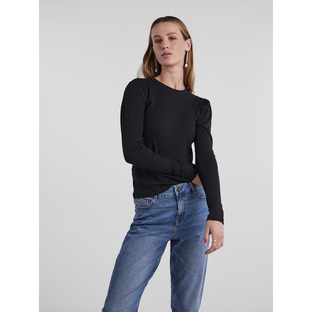 PIECES Marškinėliai moterims, Juoda, PCRUKA LS PUFF TOP N 3