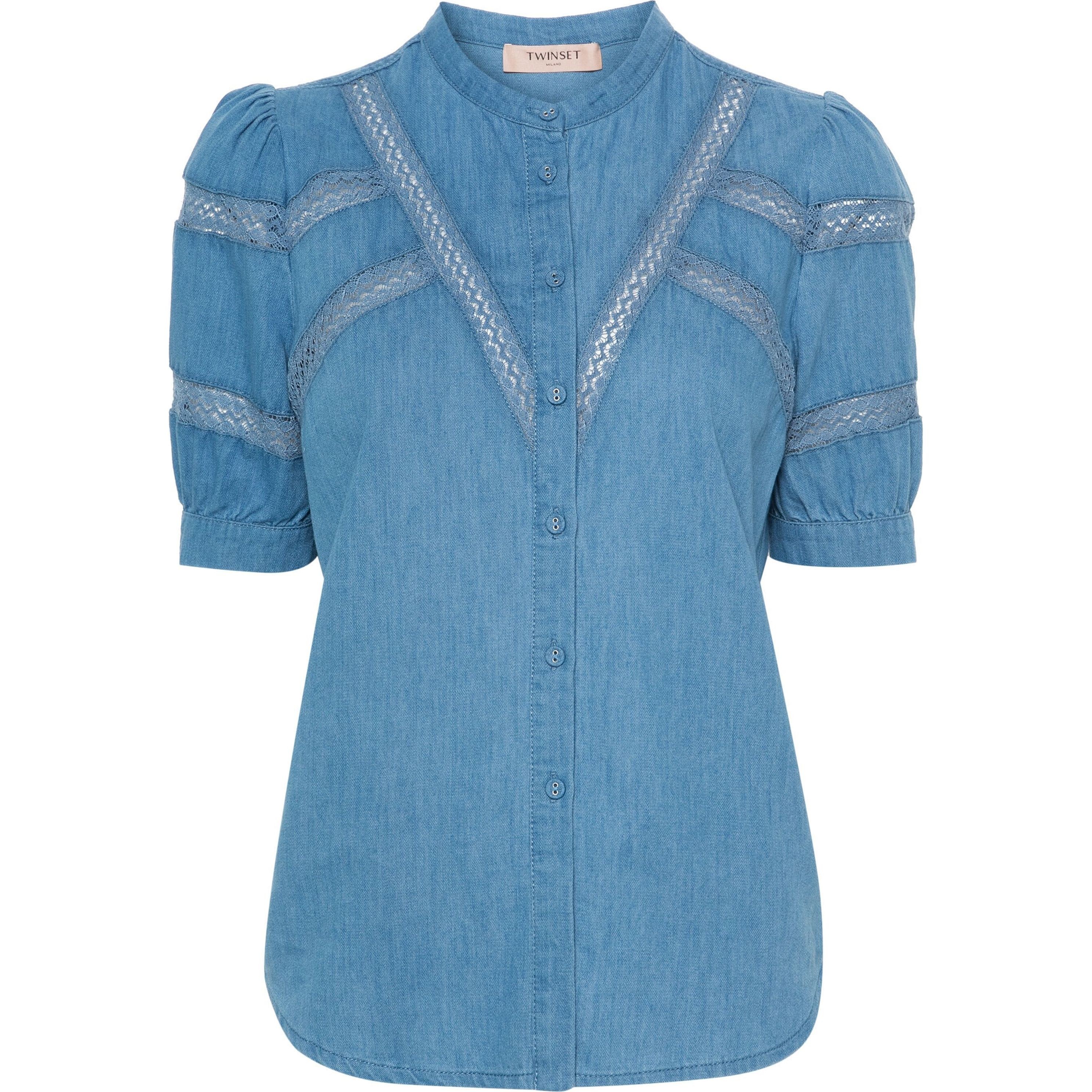 TWINSET Marškiniai trump. rankovėmis moterims, Mėlyna, Lace-trim denim shirt