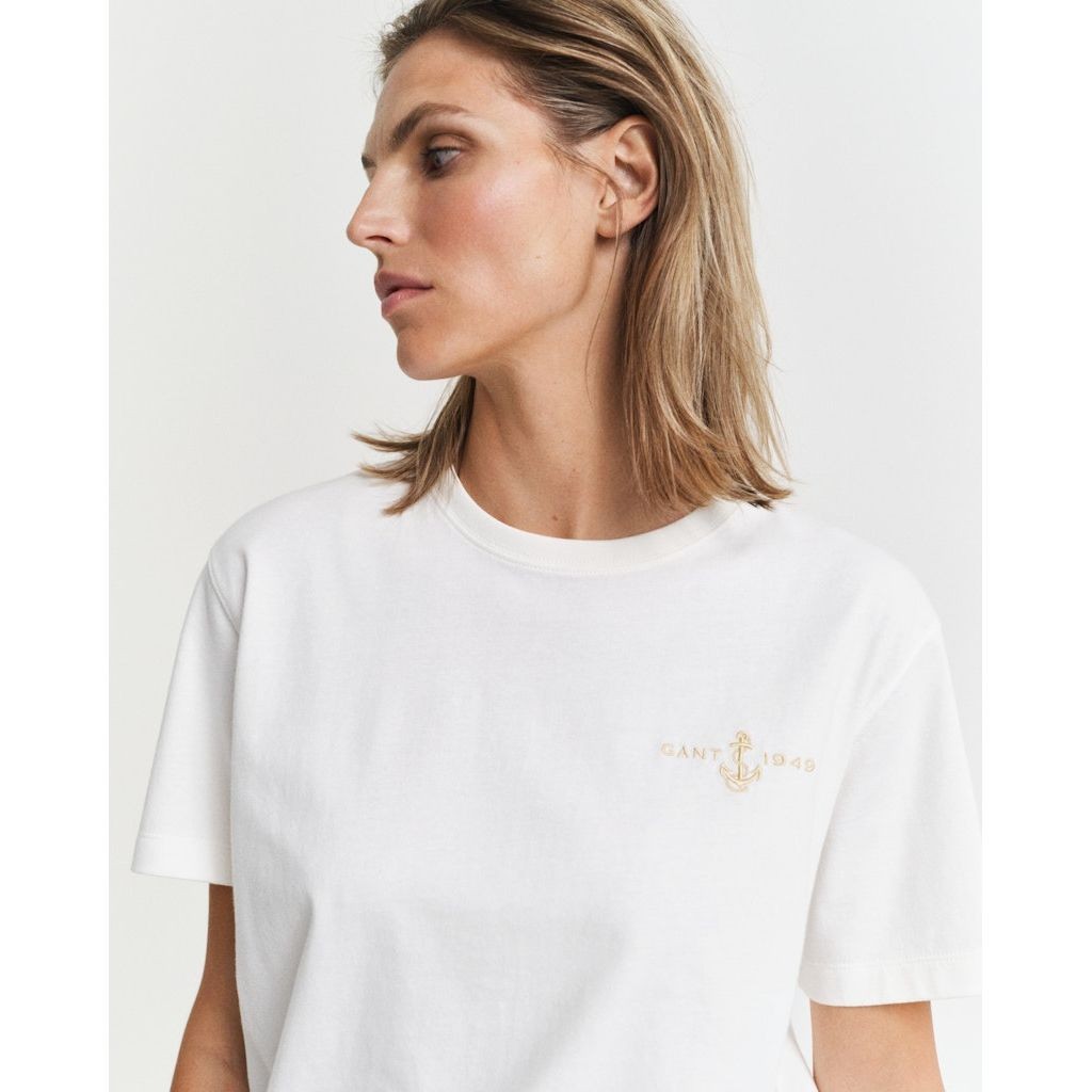 GANT Marškinėliai trump. rankovėmis moterims, Balta, Embroidered anchor SS t-shirt 4