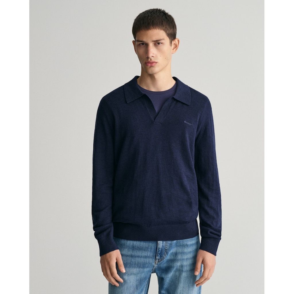 GANT Polo marškiniai ilgos rank. vyrams, Mėlyna, COTTON LINEN OPEN POLO 2