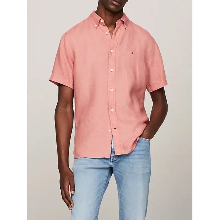 TOMMY HILFIGER Marškiniai trump. rankovėmis vyrams, Rožinė, Pigment dyed linen shirt s/s 2