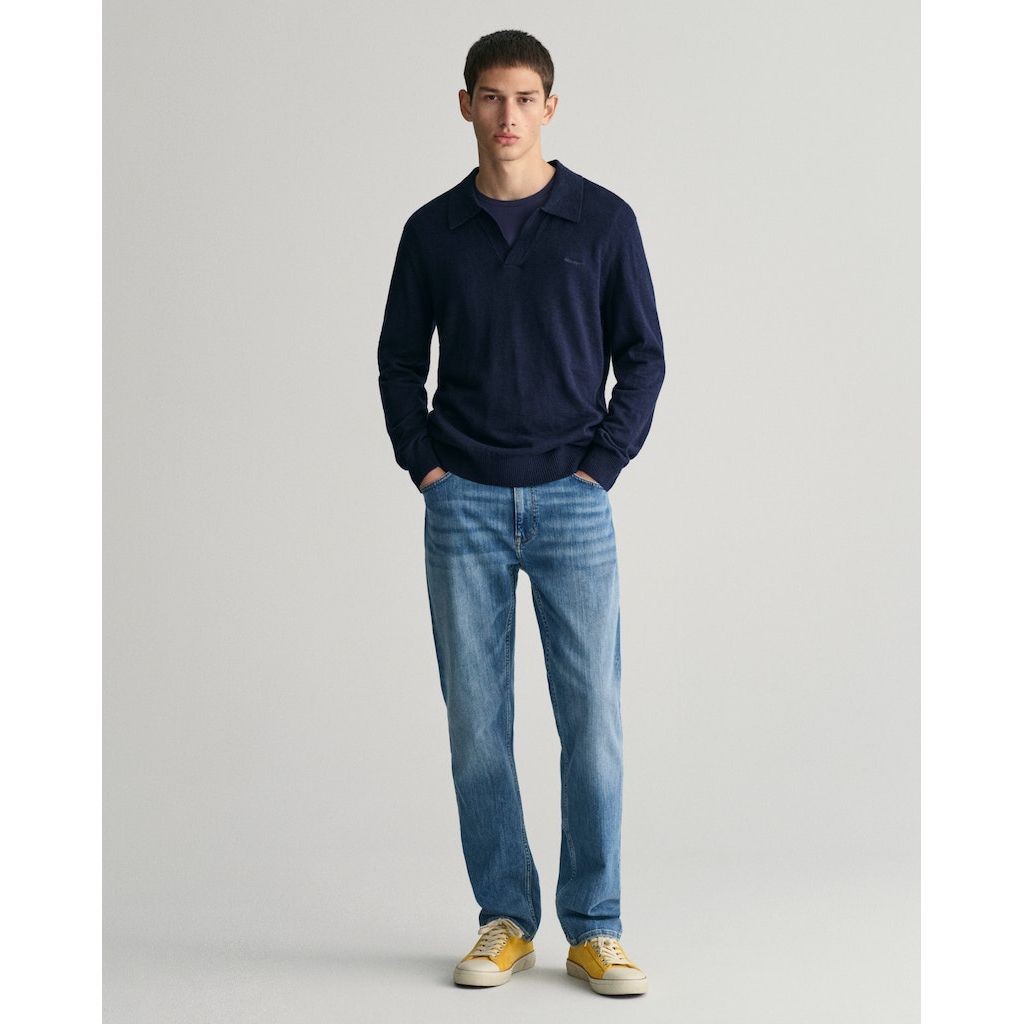 GANT Polo marškiniai ilgos rank. vyrams, Mėlyna, COTTON LINEN OPEN POLO 5