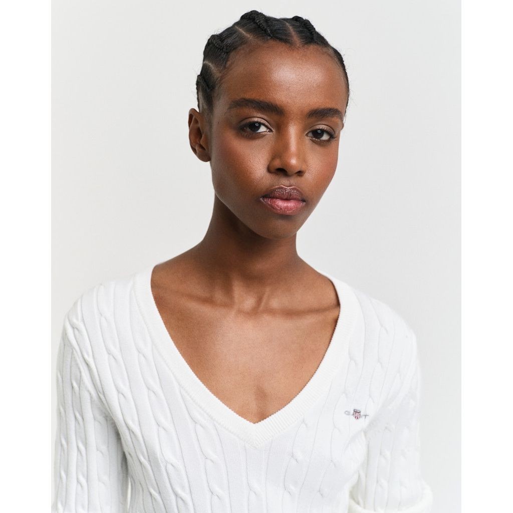GANT Megztinis moterims, Geltona, STRETCH COTTON CABLE V-NECK 4