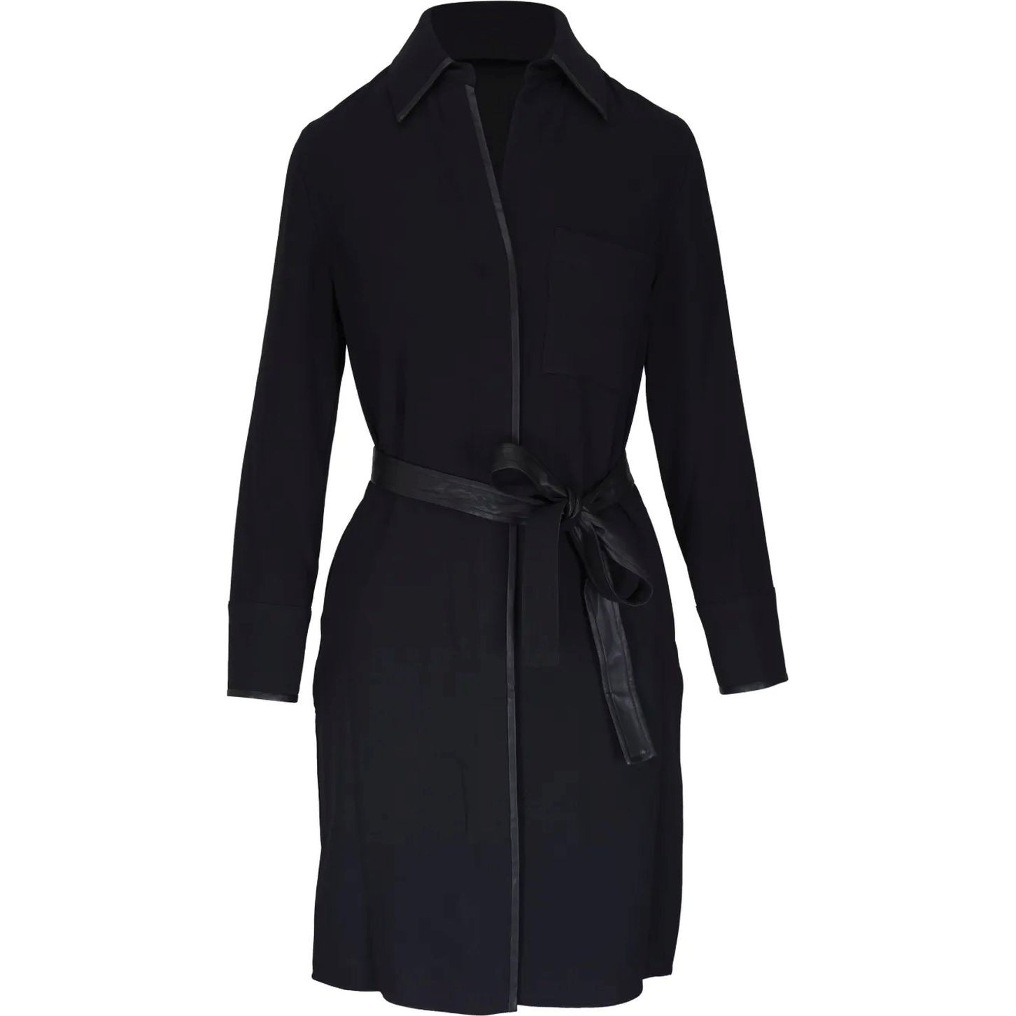 VINCE Mini suknelė moterims, Juoda, Leather trim shirt dress 1