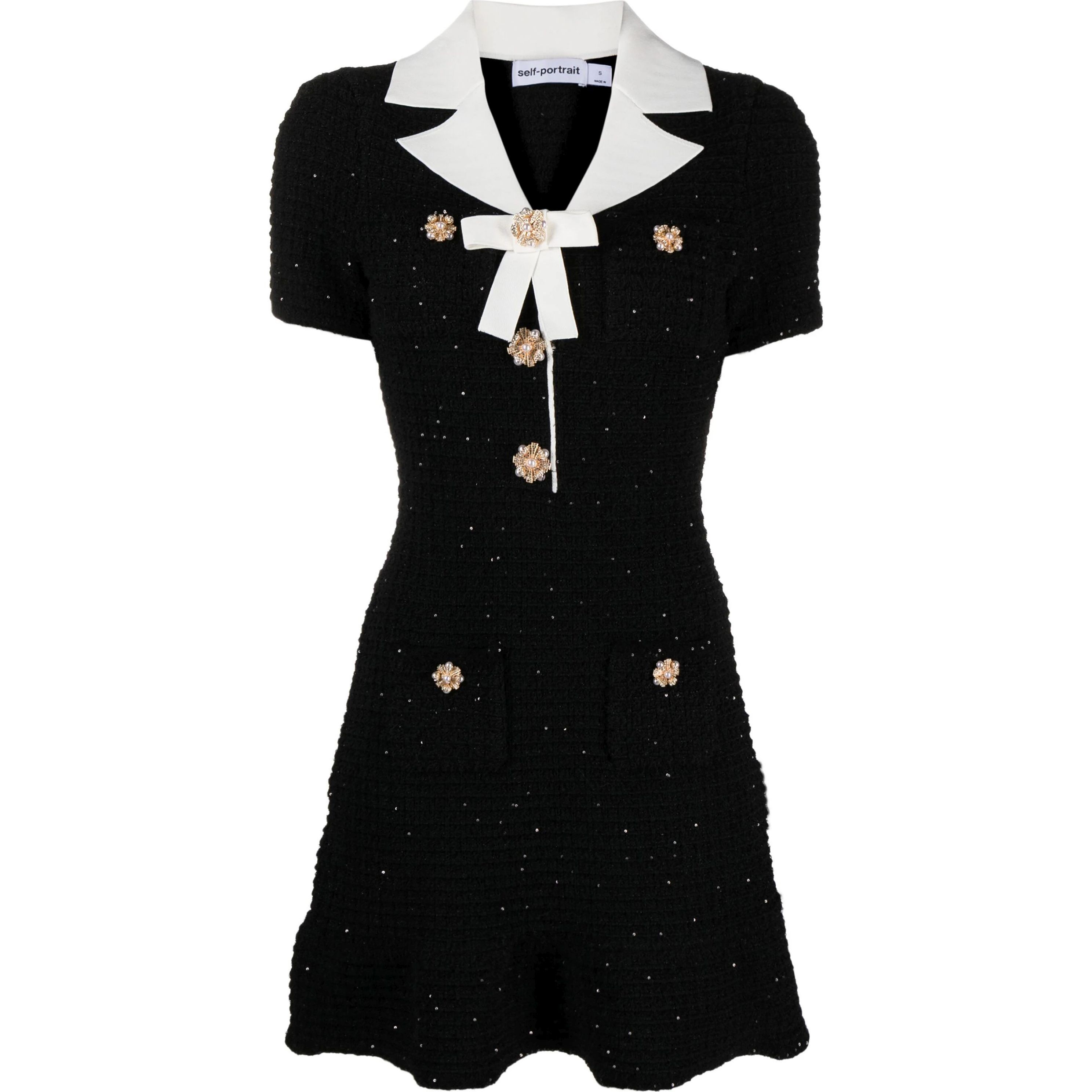 SELF PORTRAIT Mini suknelė moterims, Juoda, Black knit bow mini dress