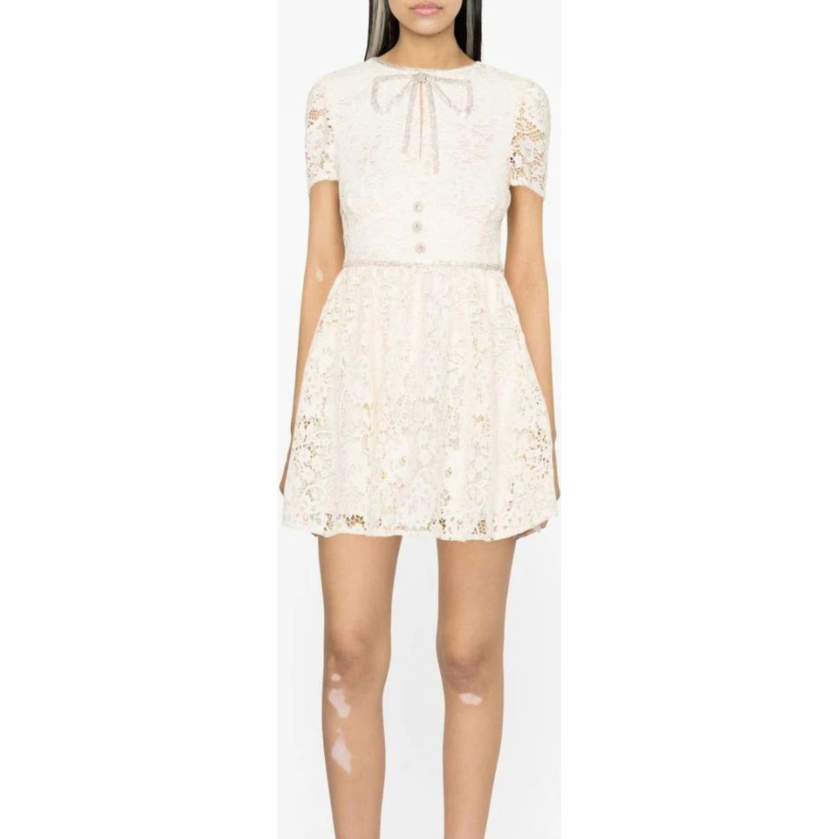 SELF PORTRAIT Mini suknelė moterims, Kūno, Cream cord lace bow mini dress 2