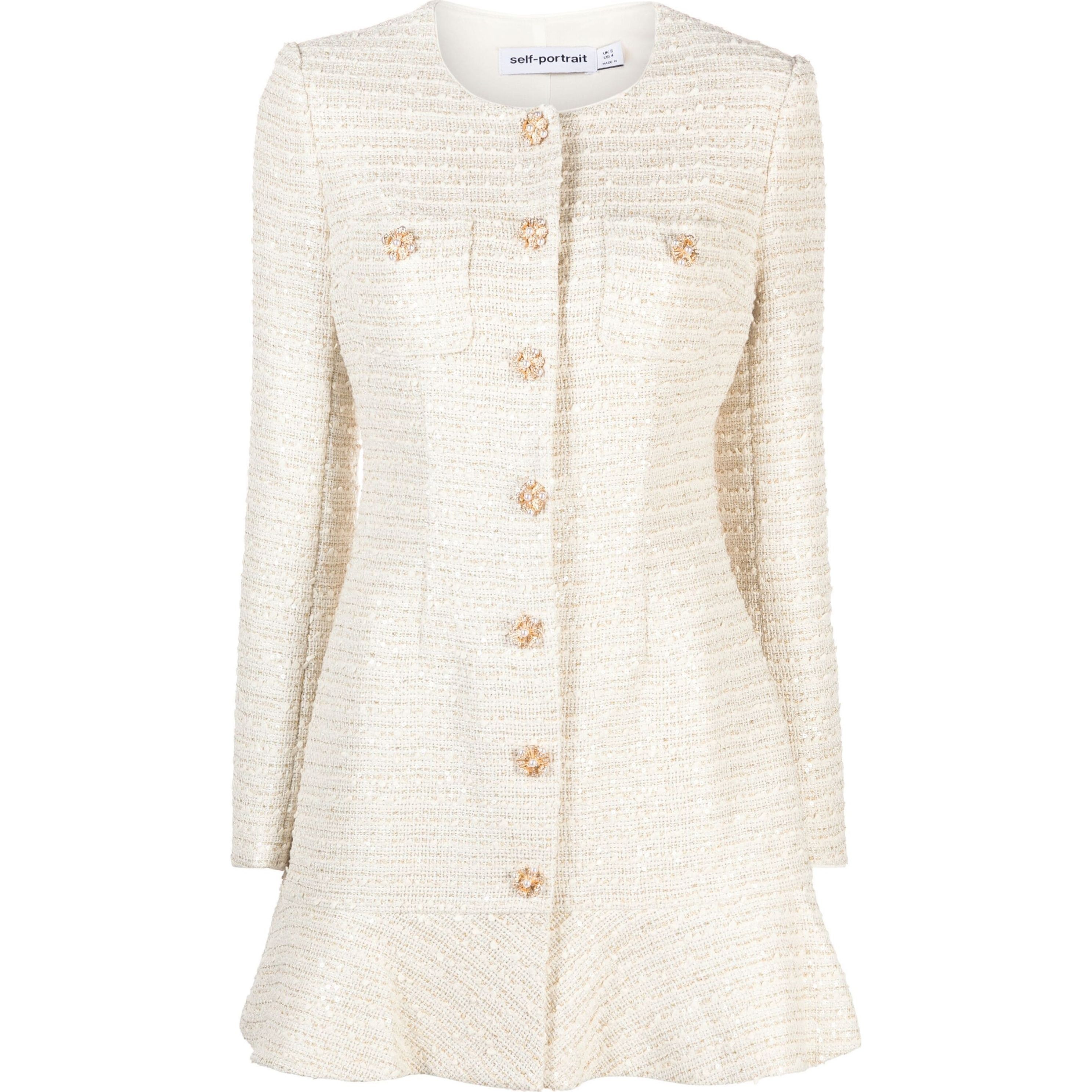 SELF PORTRAIT Mini suknelė moterims, Auksinė, Gold boucle long sleeve dress