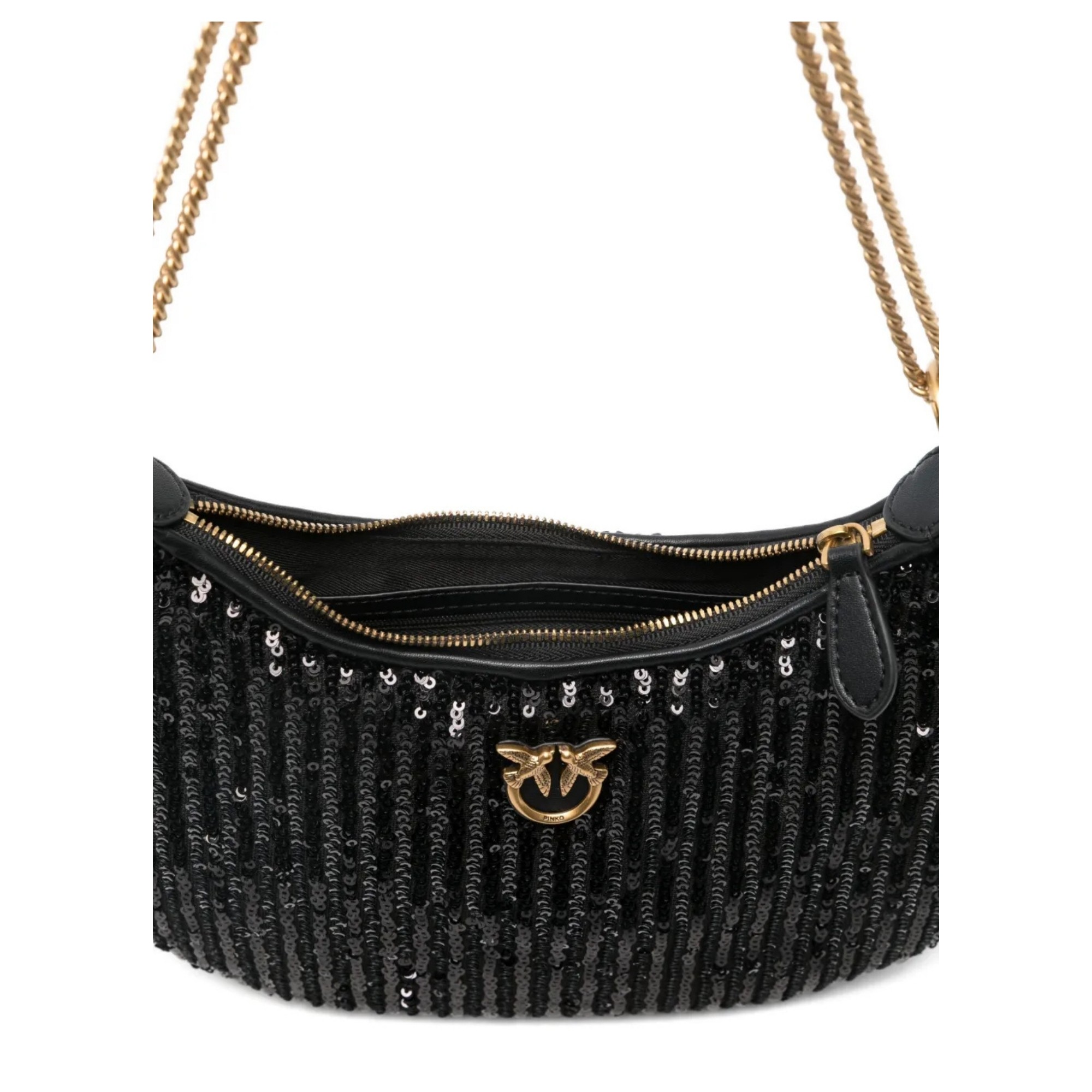 PINKO Rankinė per petį moterims, Juoda, Half moon mini c pelle + paill 4