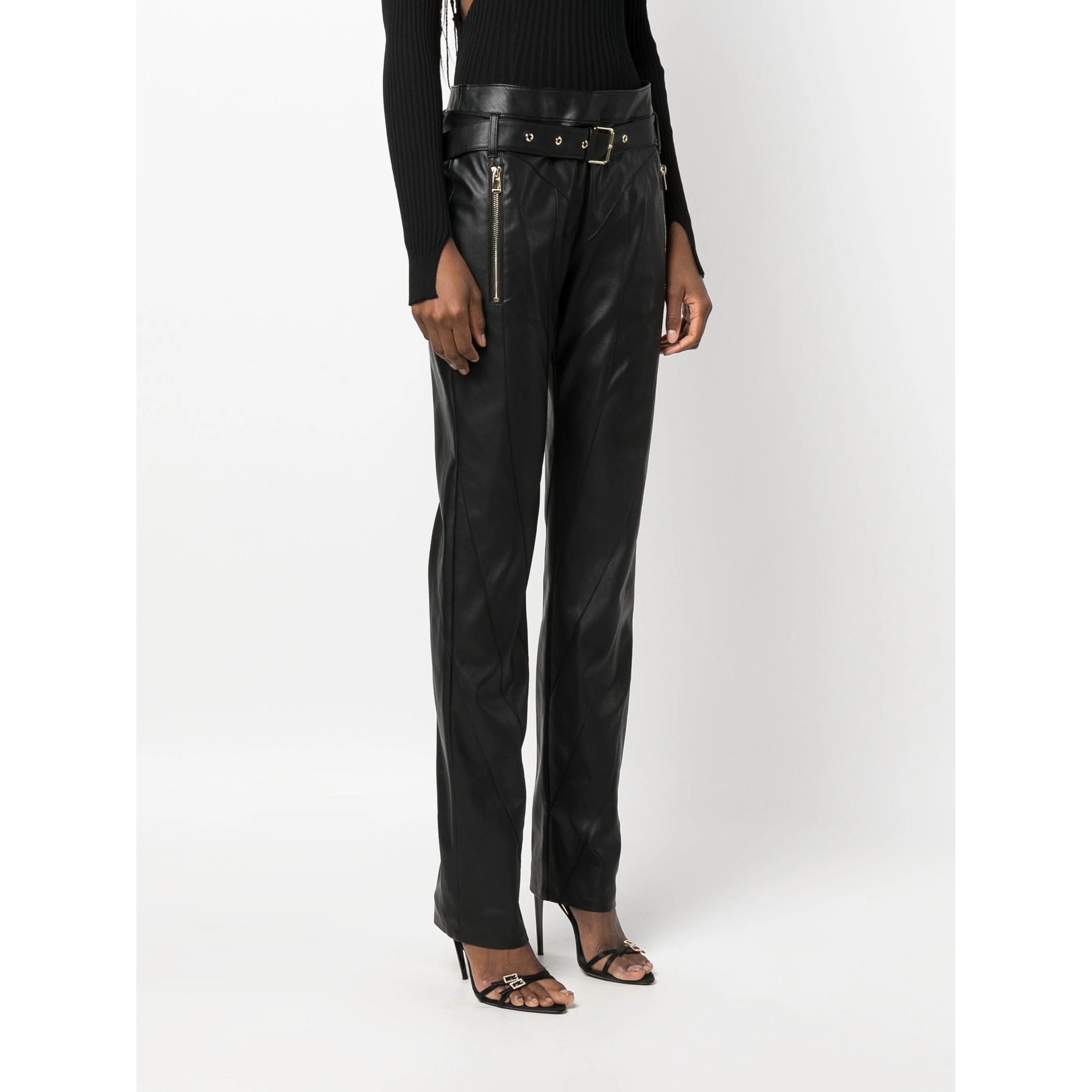 PINKO Odinės kelnės moterims, Juoda, Hardware trousers 2