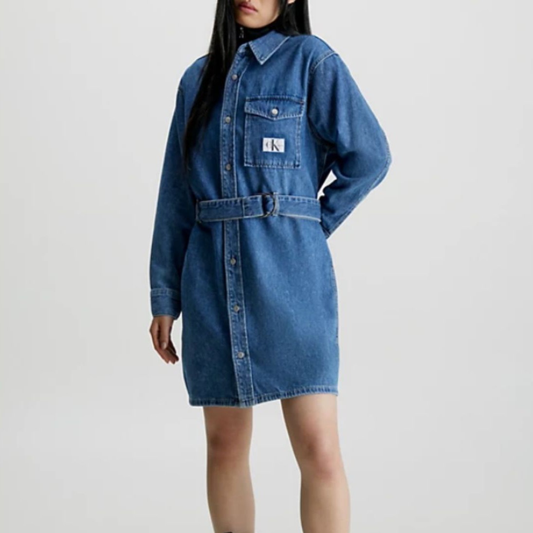 CALVIN KLEIN JEANS Midi suknelė moterims, Mėlyna, Belted utility shirt dress 2