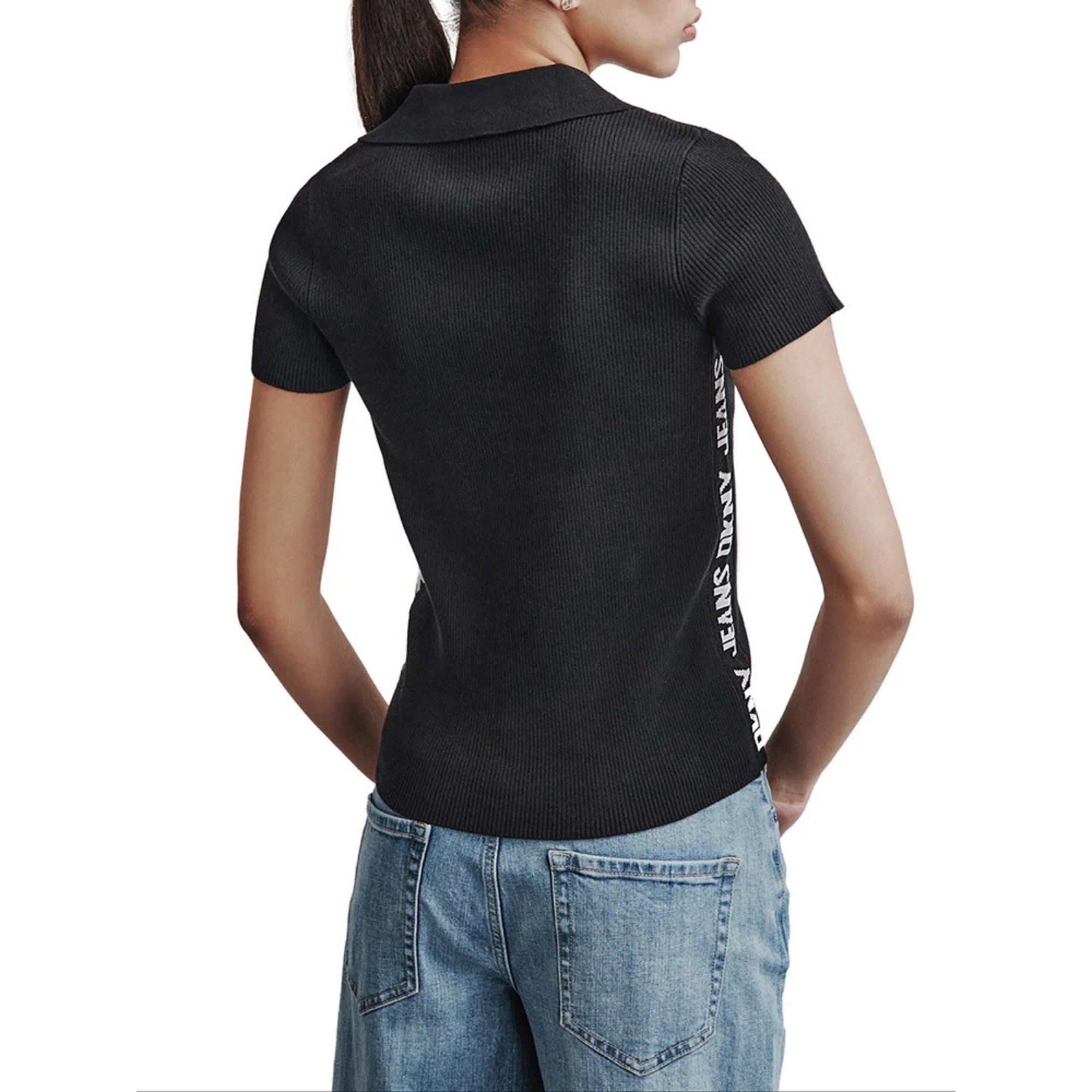 DKNY Megztinis moterims, Juoda, Side logo rib v-neck 2