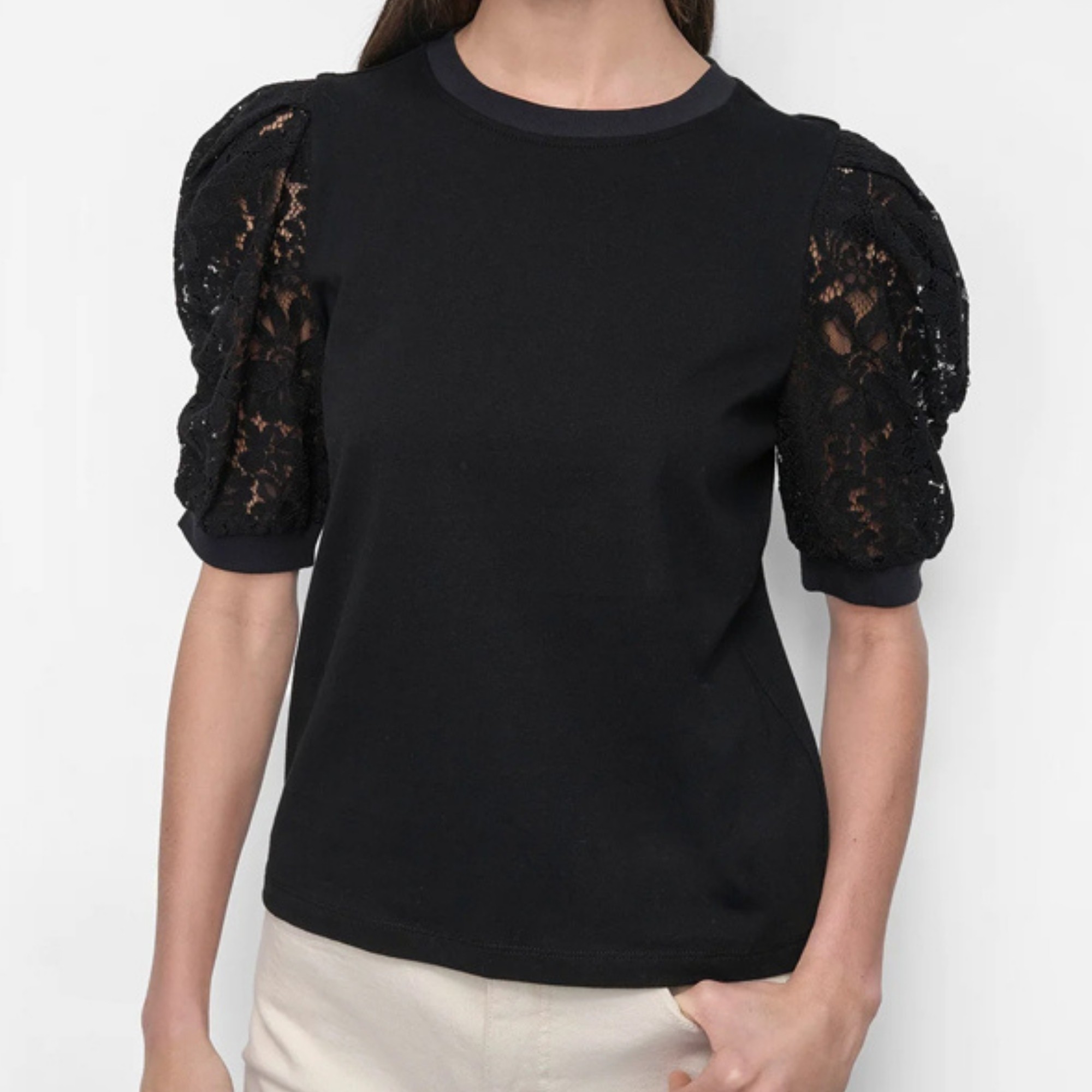 DKNY Palaidinės moterims, Juoda, Lace puff sleeve cre 1