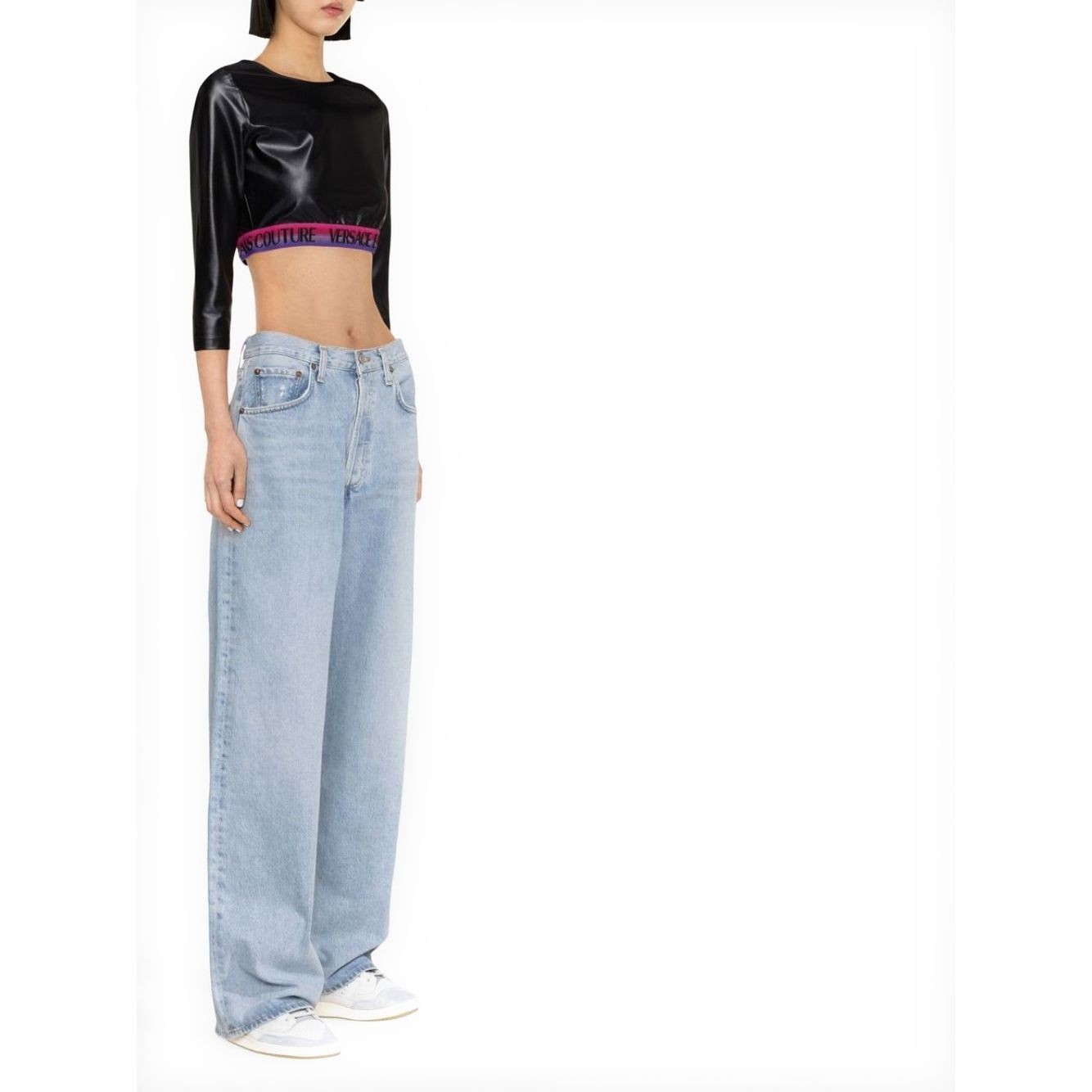 VERSACE JEANS CUTURE Trumpinti marškinėliai moterims, Juoda, Long sleeve crop top 2