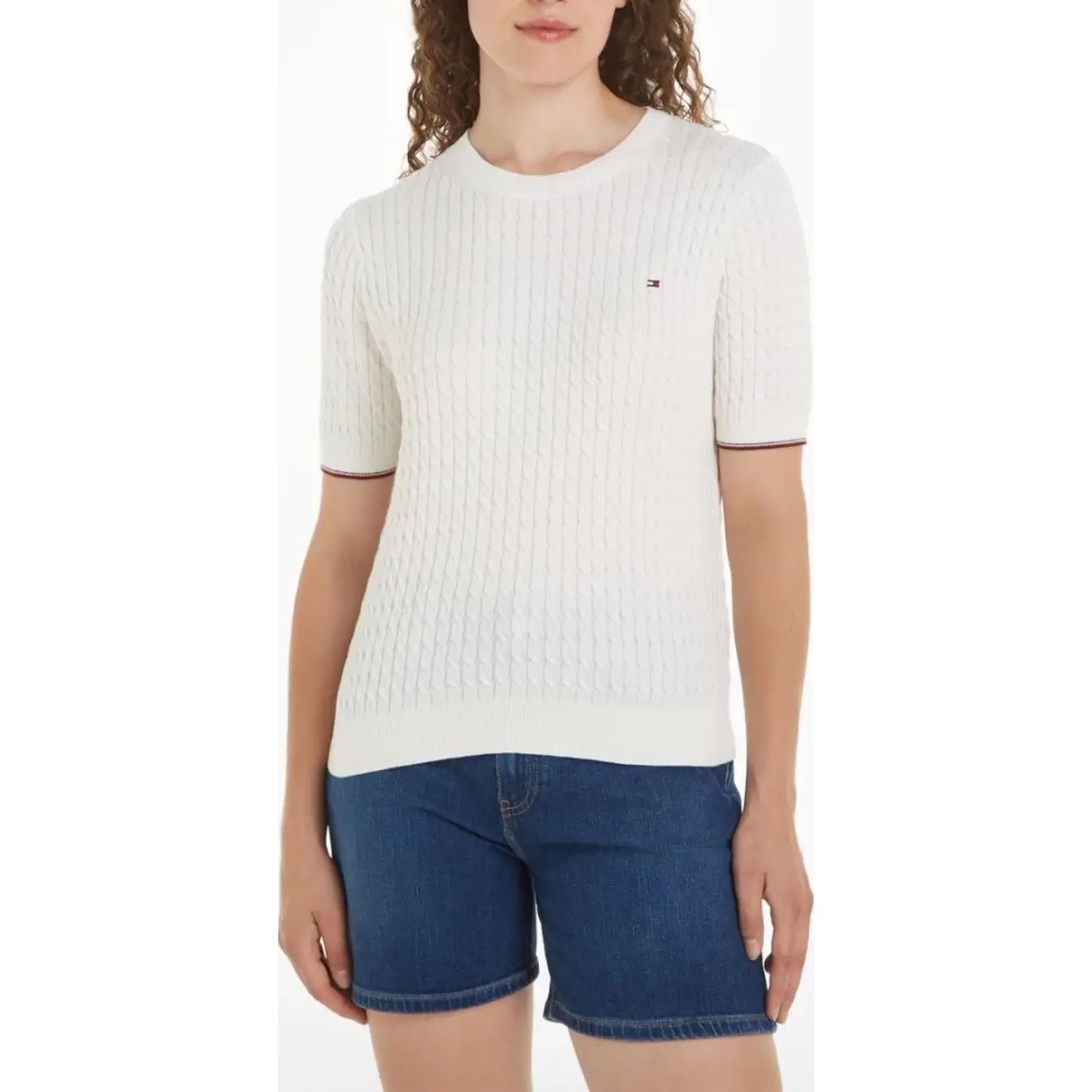 TOMMY HILFIGER Marškinėliai trump. rankovėmis moterims, Balta, Co cable c-nk ss swt 3