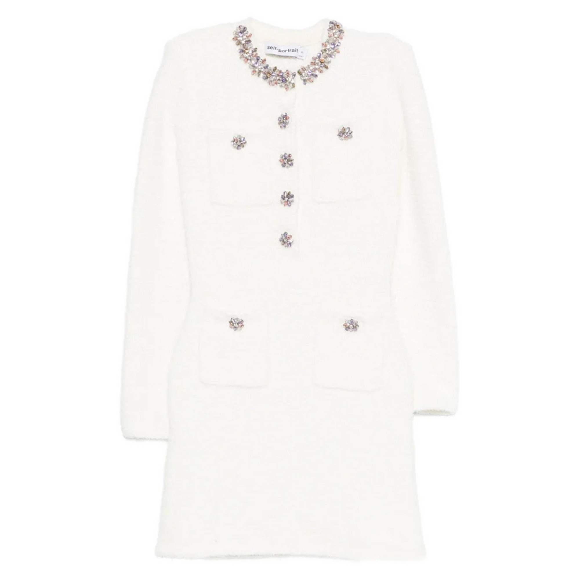 SELF PORTRAIT Mini suknelė moterims, Smėlio, Crystal trim knit mini dress 1