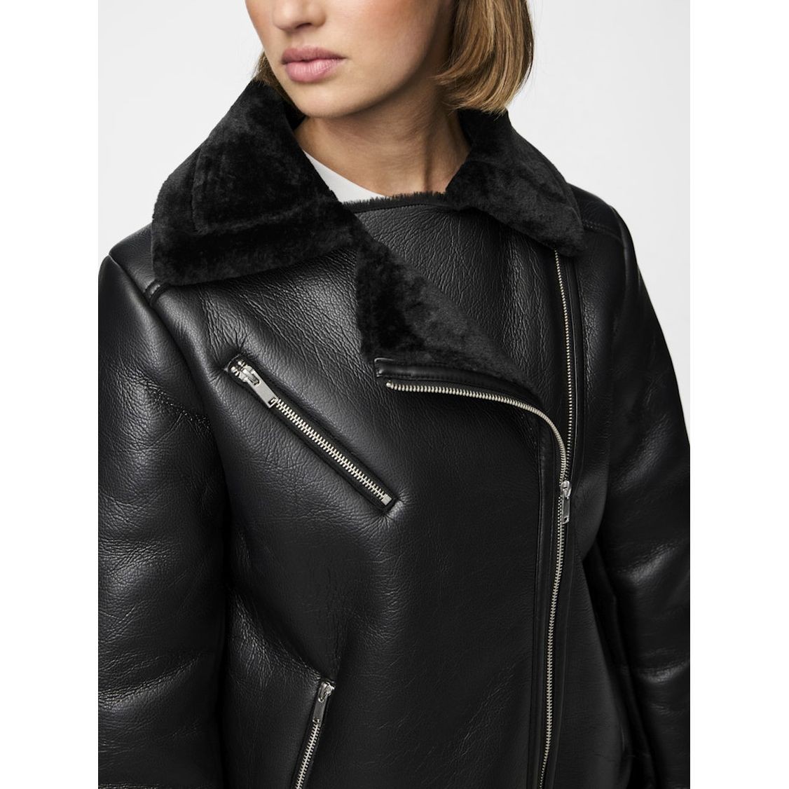 PIECES Striukė moterims, Juoda, PCNORA AVIATOR PU JA 3