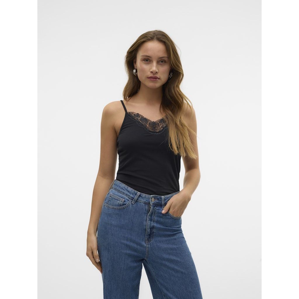 VERO MODA Marškinėliai moterims, Juoda, VMINGE LACE SINGLET 2
