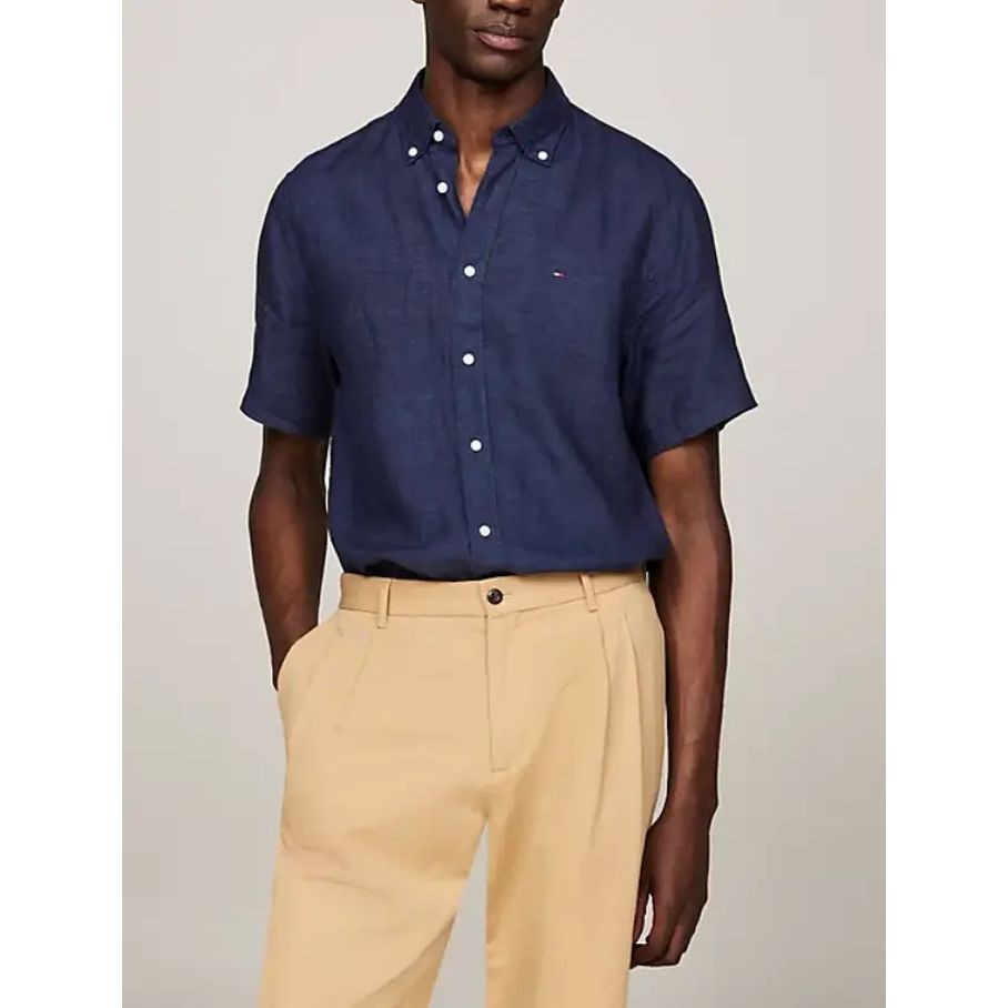 TOMMY HILFIGER Marškiniai trump. rankovėmis vyrams, Mėlyna, Pigment dyed linen shirt s/s 2