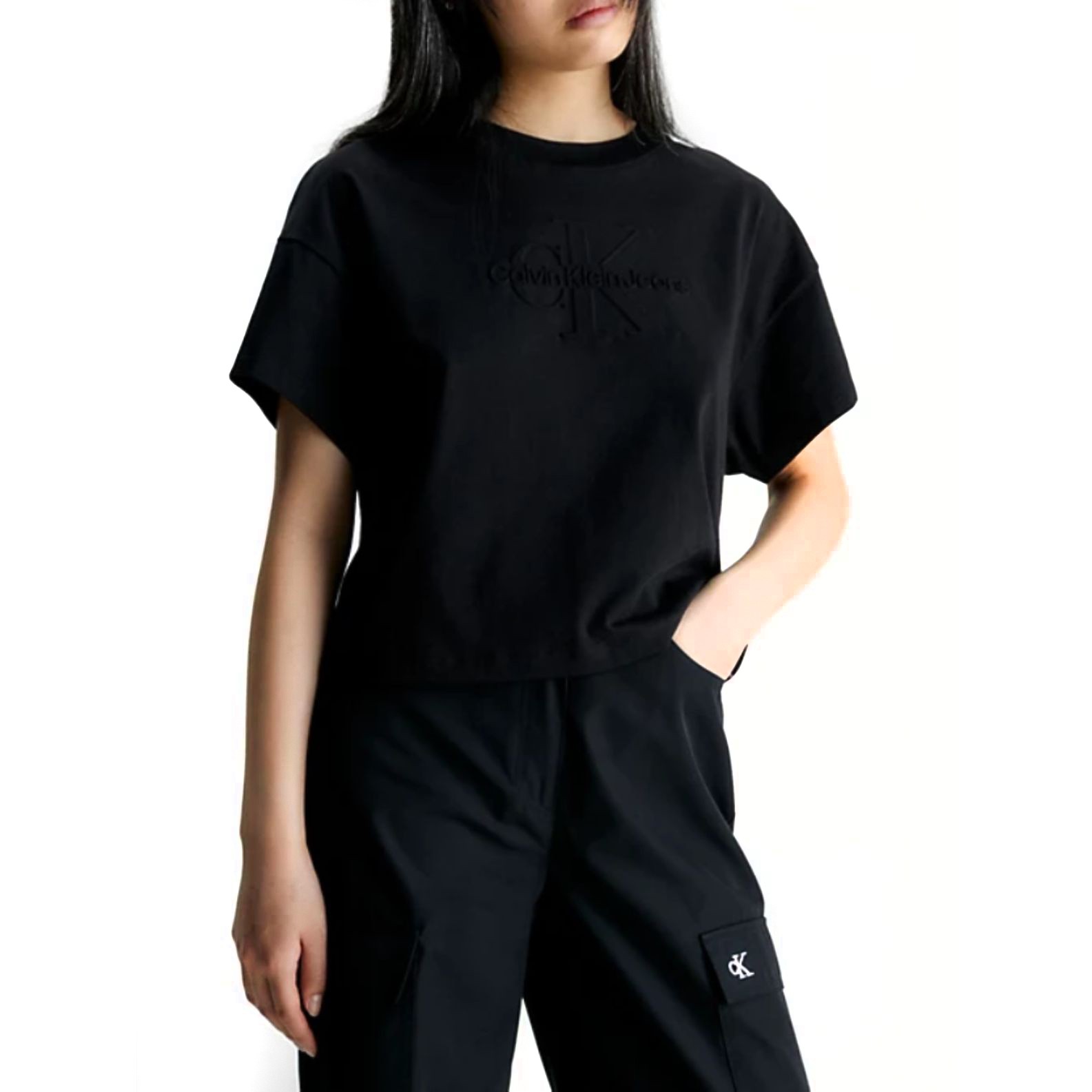 CALVIN KLEIN JEANS Marškinėliai trump. rankovėmis moterims, Juoda, Embossed monologo tee 2