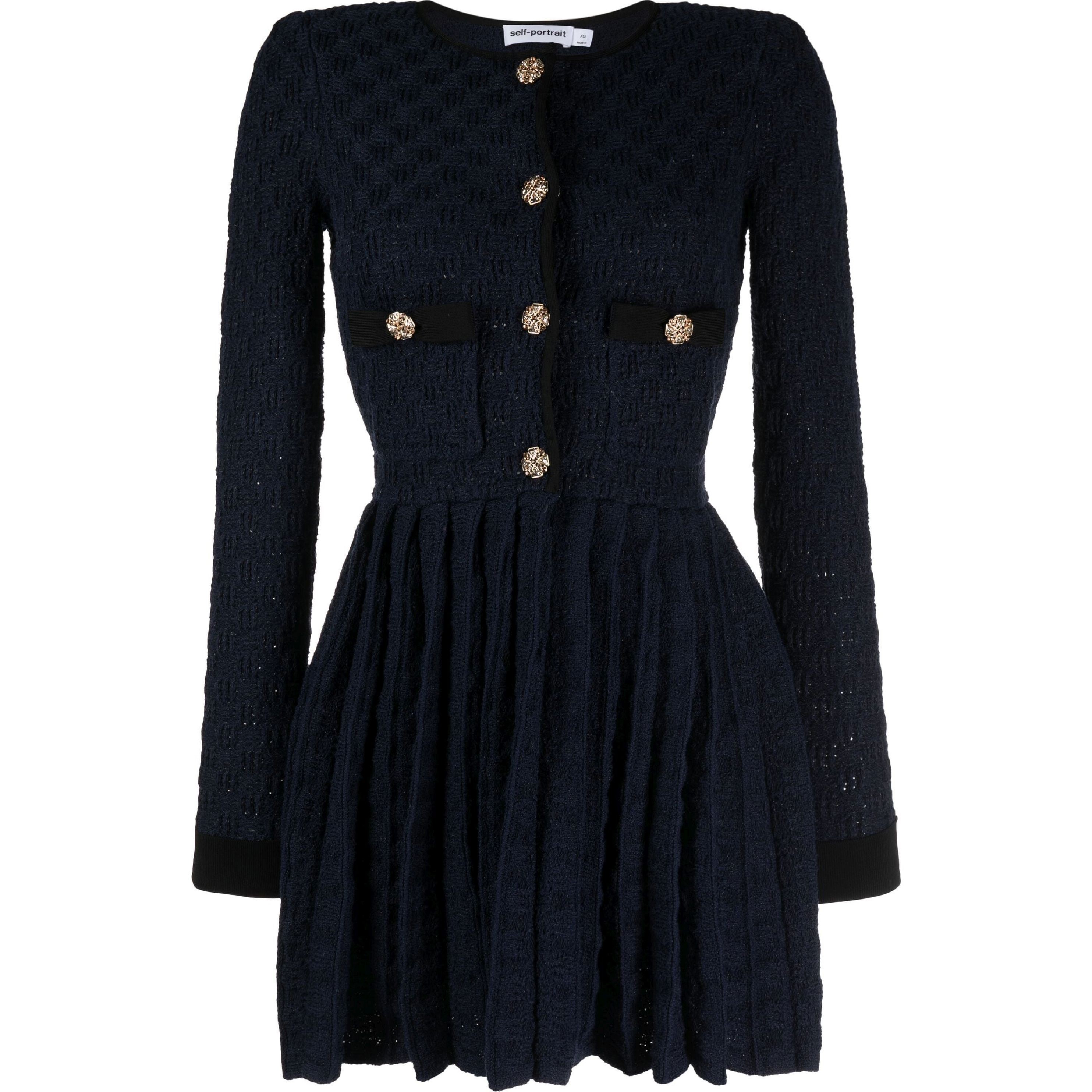 SELF PORTRAIT Mini suknelė moterims, Mėlyna, Navy weave knit mini dress