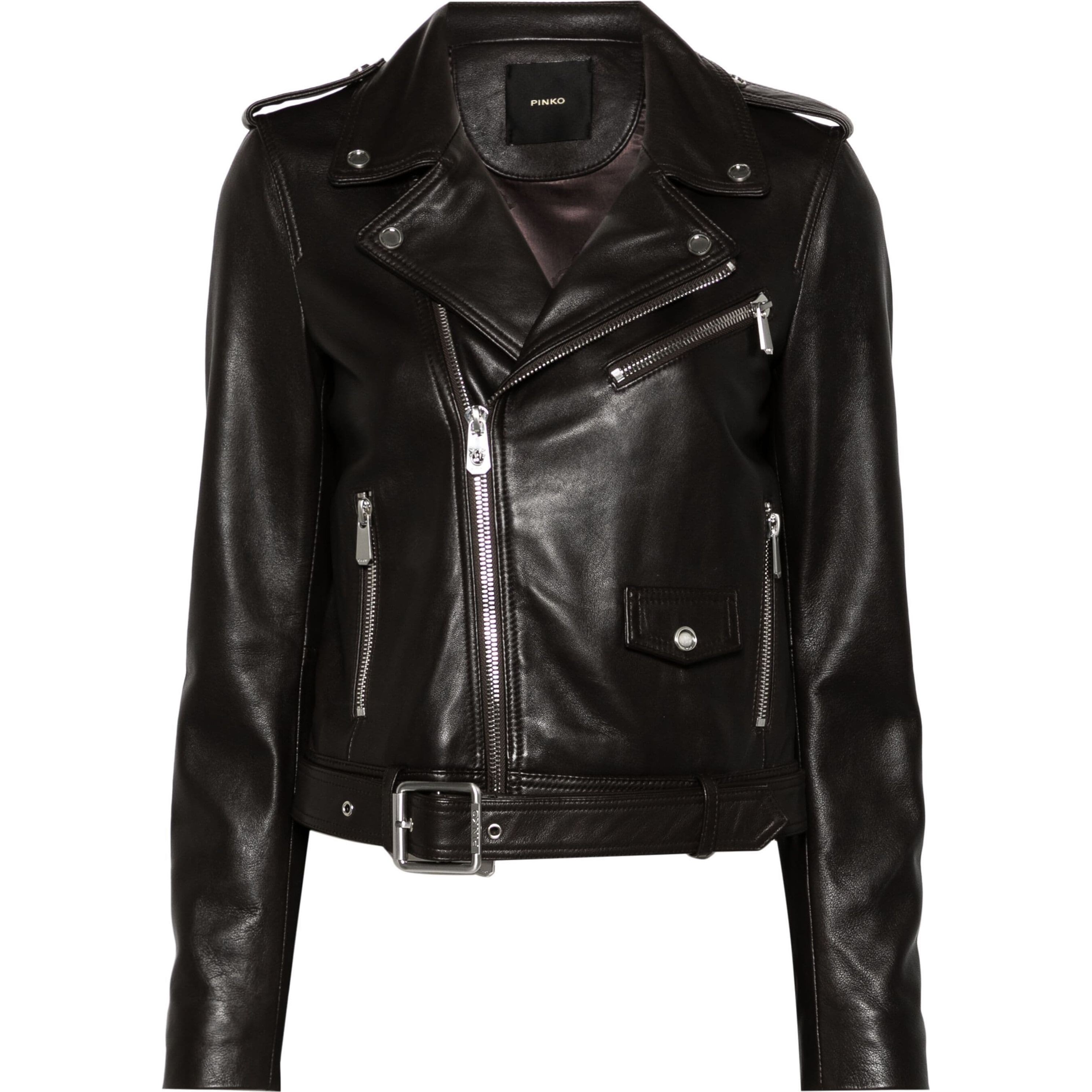 PINKO Odinė striukė moterims, Juoda, Leather biker jacket