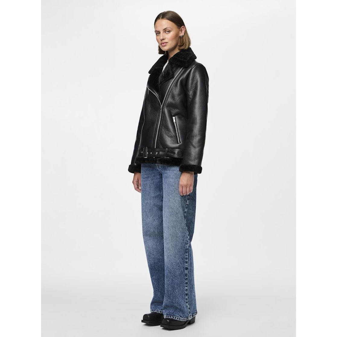 PIECES Striukė moterims, Juoda, PCNORA AVIATOR PU JA 6