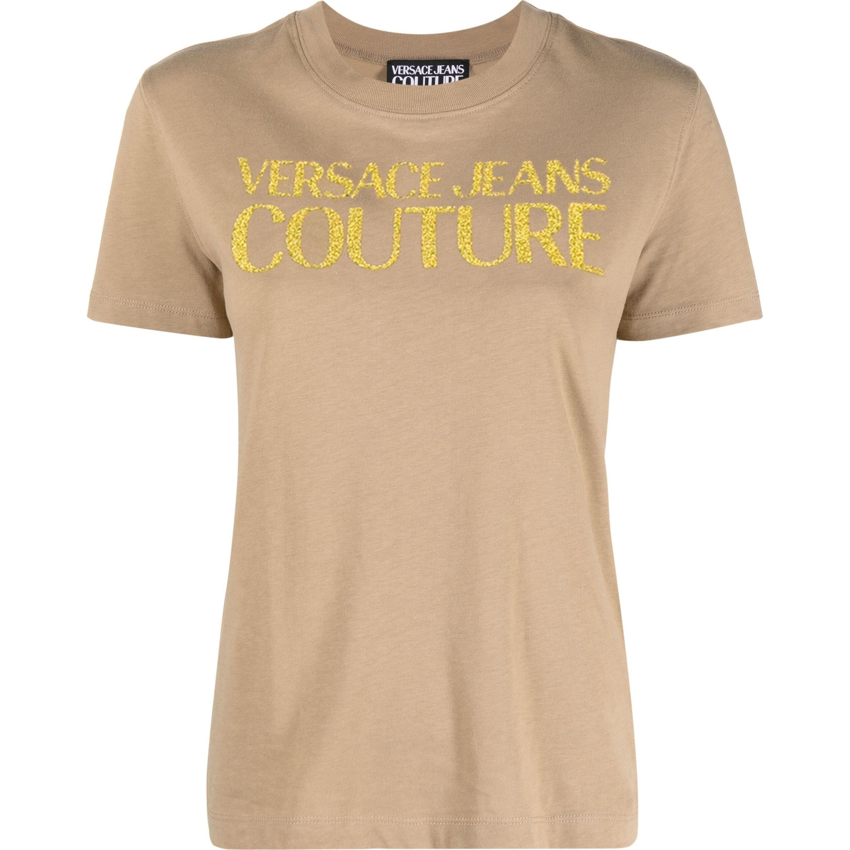 VERSACE JEANS CUTURE Marškinėliai trump. rankovėmis moterims, Mėlyna, Glittered-logo cotton t-shirt