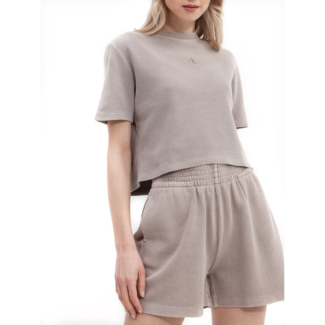 CALVIN KLEIN JEANS Trumpinti marškinėliai moterims, Smėlio, Waffle tee 2