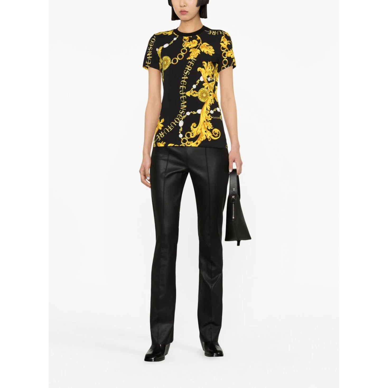 VERSACE JEANS CUTURE Marškinėliai trump. rankovėmis moterims, Juoda, Print chain t-shirt 2