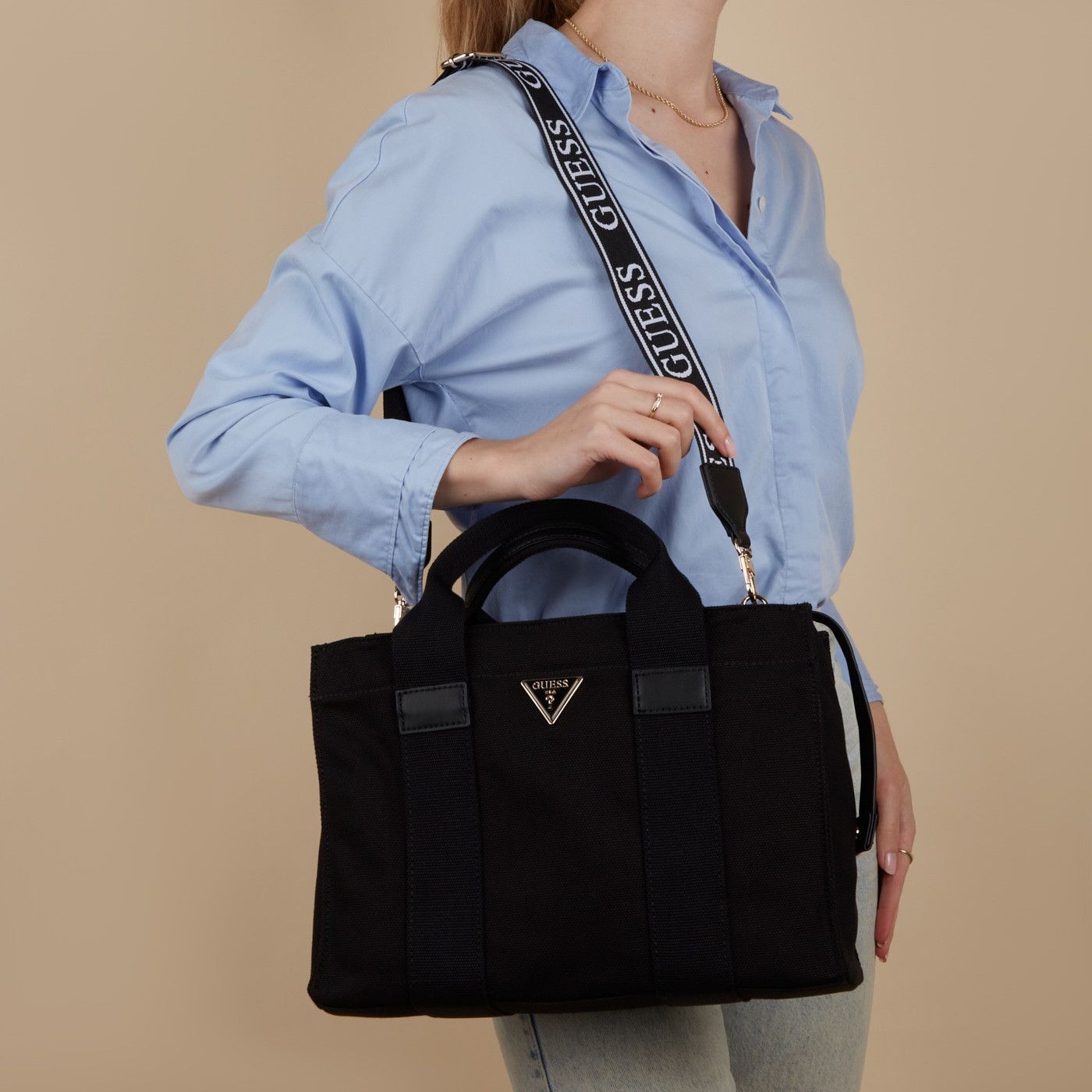 GUESS Pirkinių krepšys moterims, Juoda, Canvas Tote bag 4